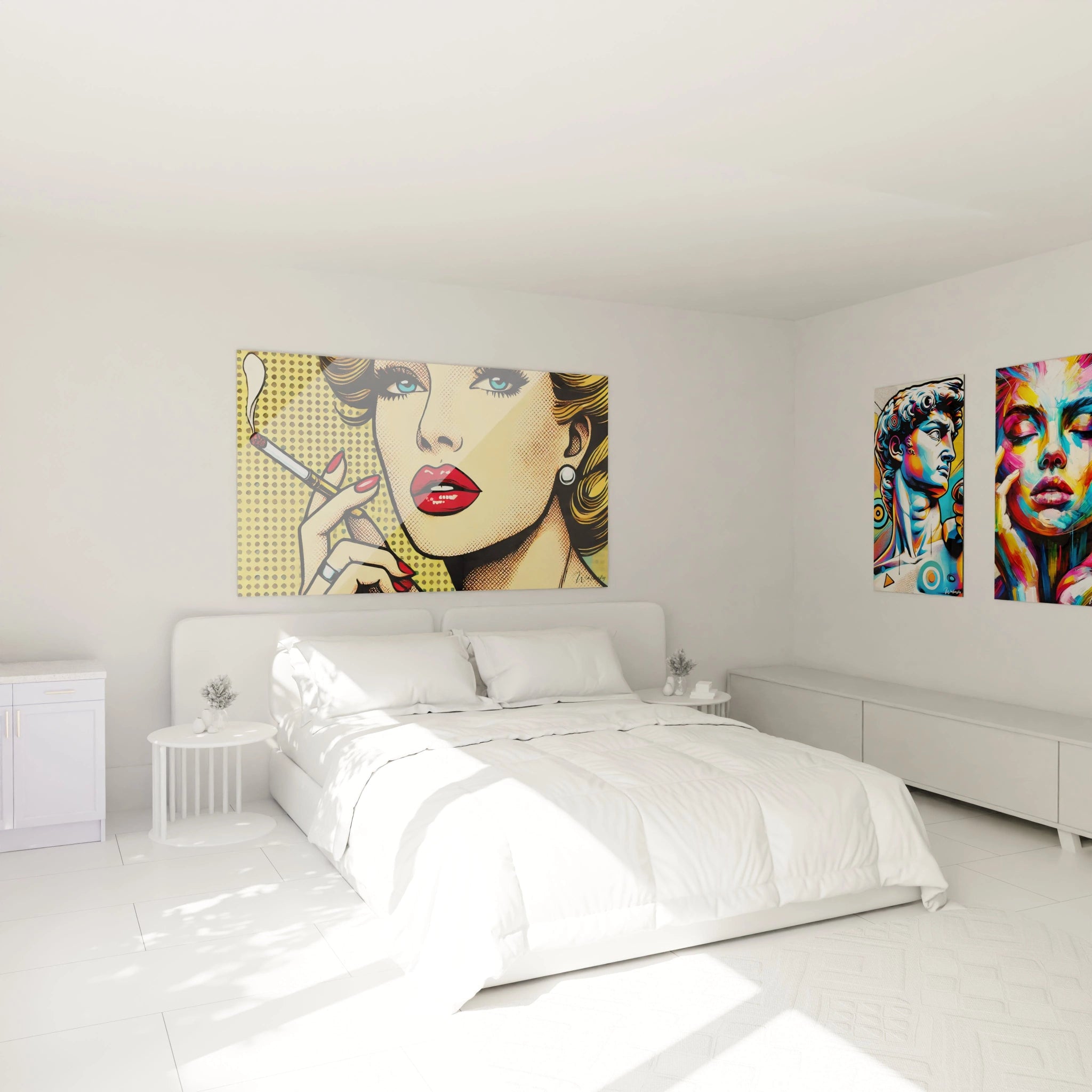 Tableau pop art accroché dans une chambre, sublimant l'espace au-dessus du lit. Illustration d'une femme au regard mystérieux, palette vive et nuances rétro typiques des années 1960.