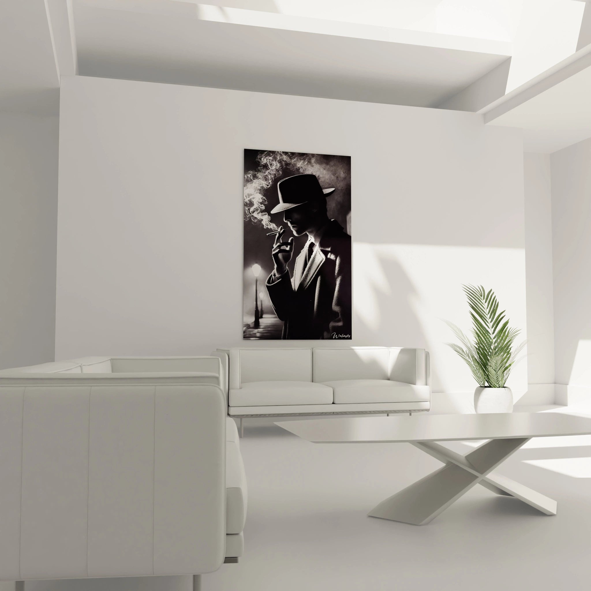 Accroché dans un salon au-dessus d’un canapé, ce tableau noir et blanc joue avec les ombres et lumières des ruelles urbaines, offrant une scène dramatique d’un homme solitaire dans la nuit.