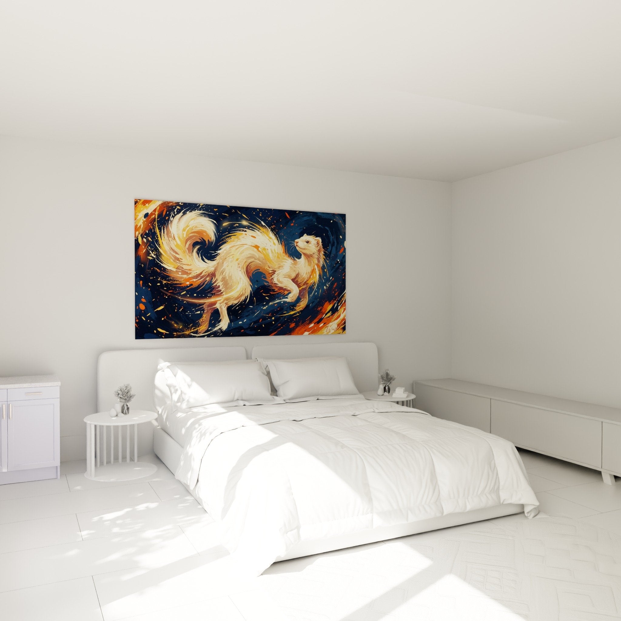 Künstlerisches Frettchen-Gemälde in Gold- und Blautönen über einem Bett in einem minimalistischen modernen Schlafzimmer installiert