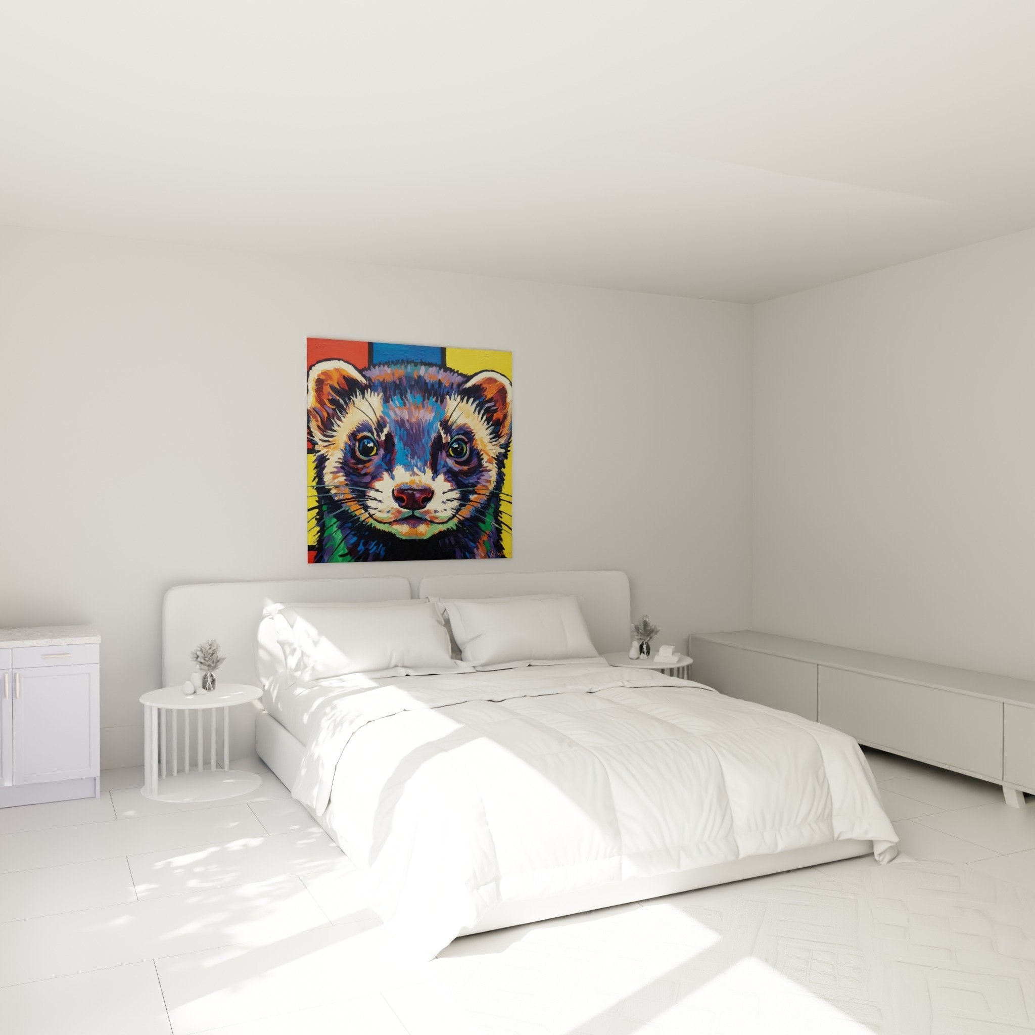 Buntes Frettchen-Gemälde an der Wand eines modernen Schlafzimmers mit zeitgenössischer Dekoration