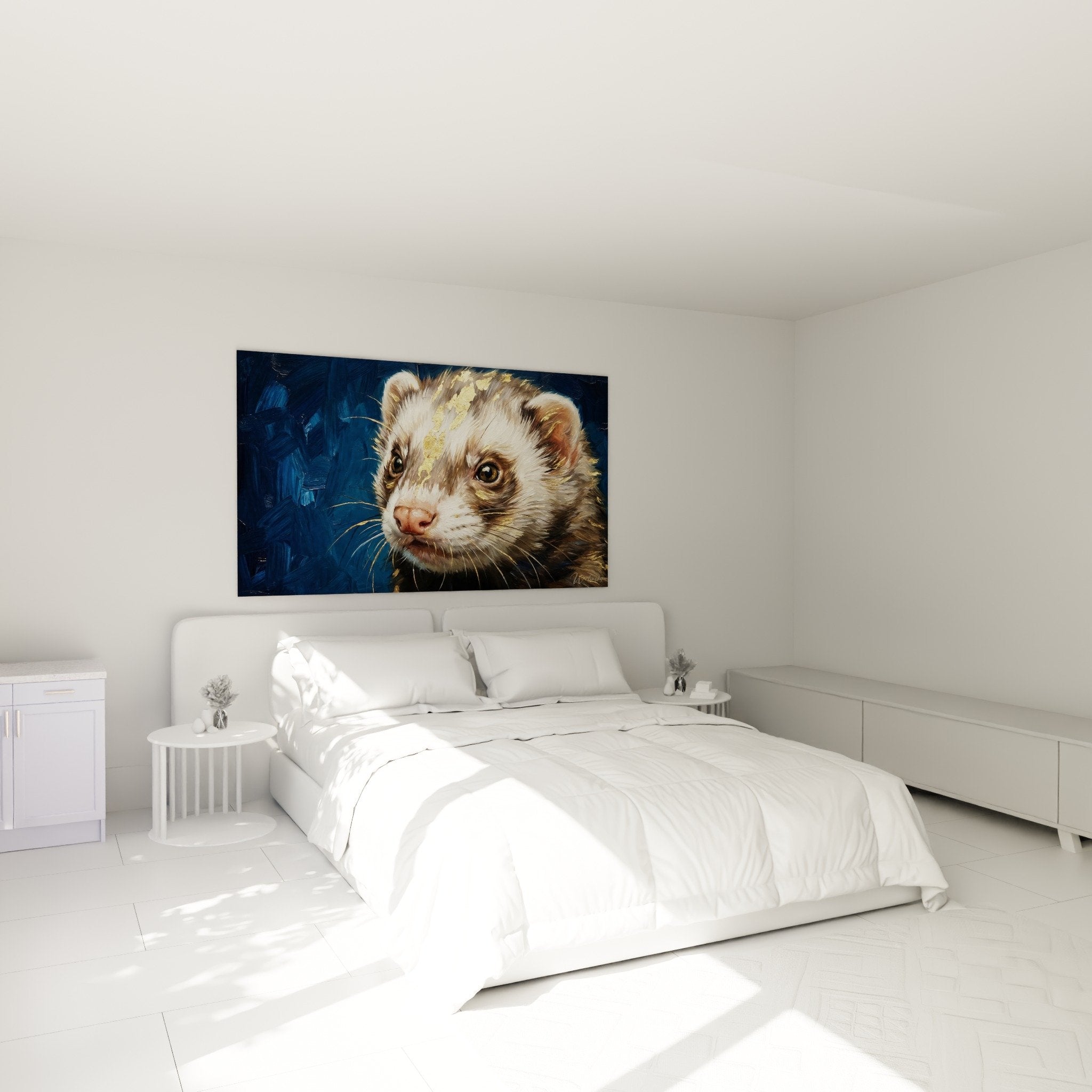 Ferret portrait golden painting in modern bedroom, original wall decor in blue and gold tones