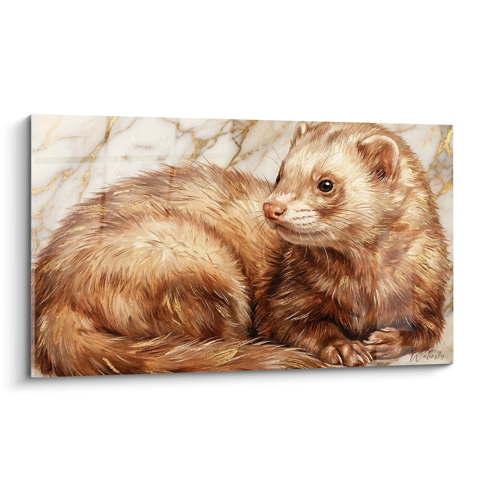 Wandgemälde goldenes Frettchen auf weißem Marmor-Hintergrund, hyperrealistisches Tierporträt in kupfer- und goldtönen
