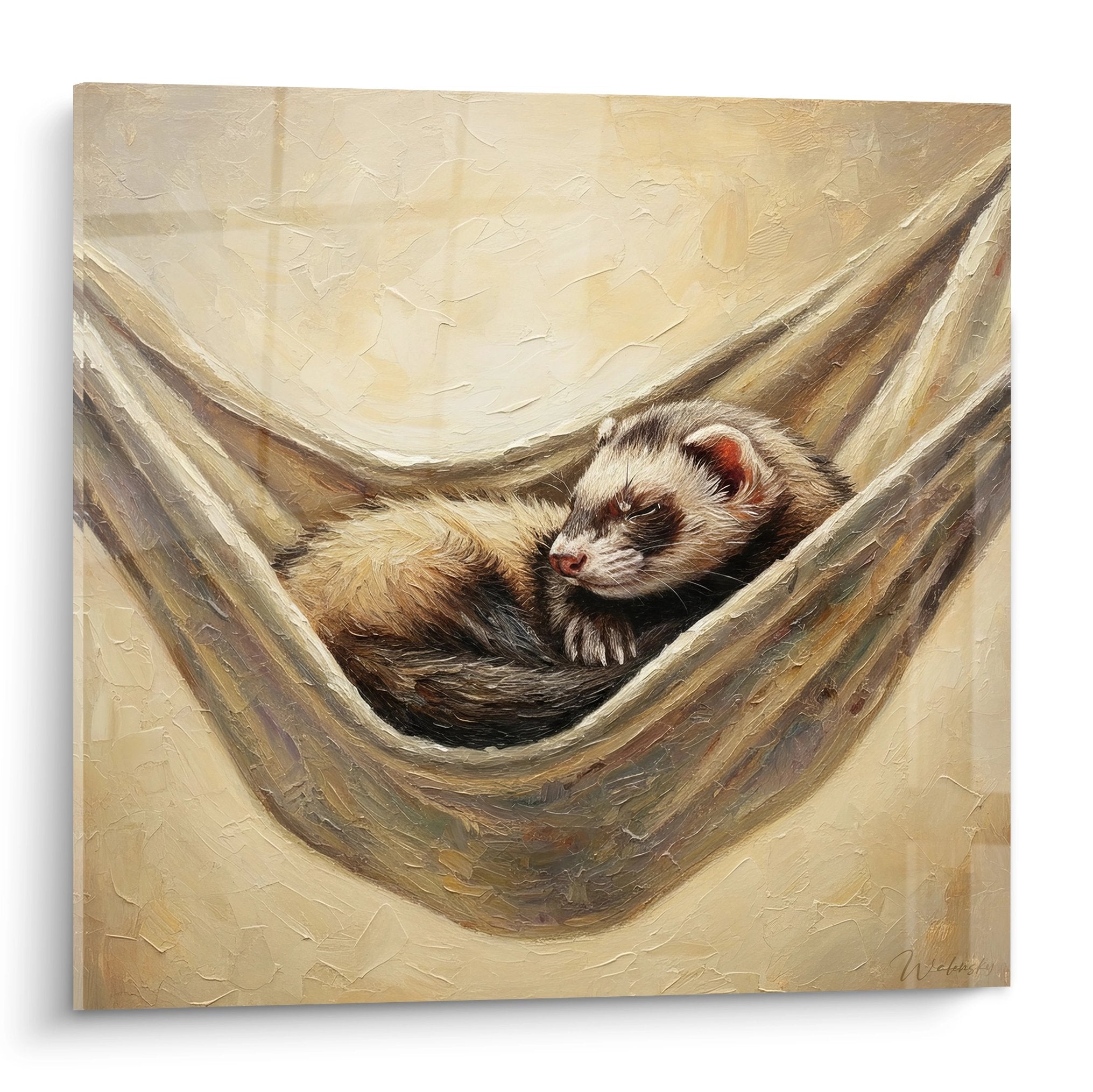 Tableau peinture furet endormi blotti dans hamac beige ocre tons chauds style realiste edition furet