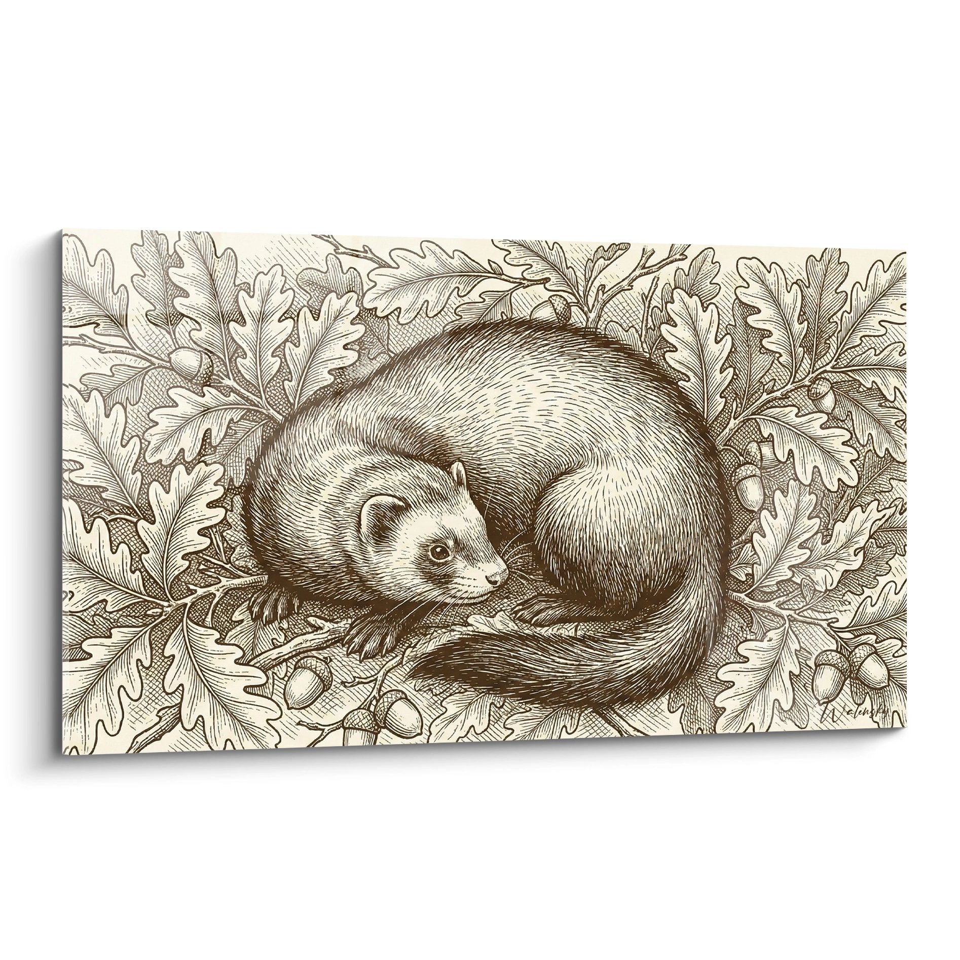 Frettchen Stich antike Sepia Eichenblätter Eicheln naturalistische Vintage-Illustration
