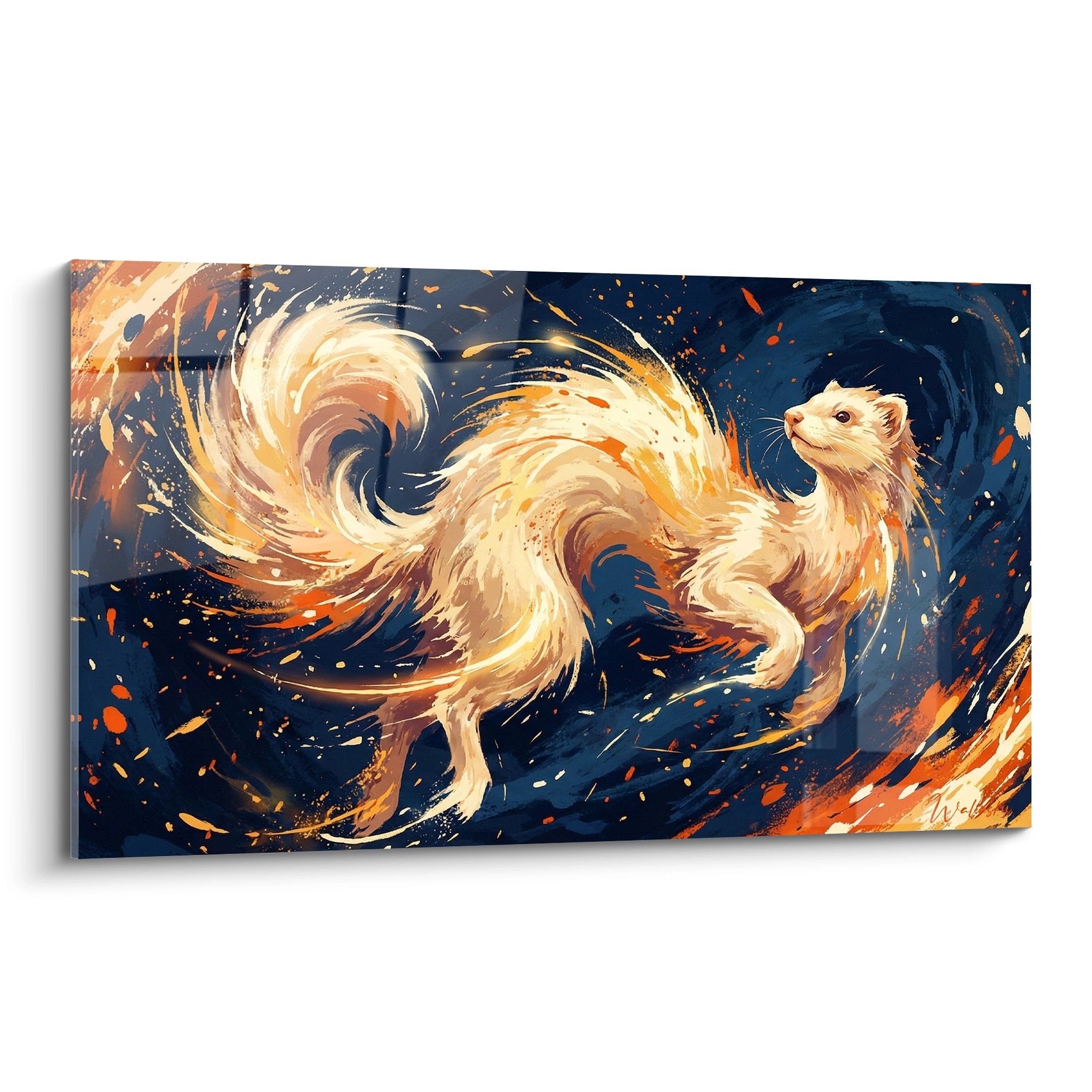 Frettchen-Kunstwerk in goldenem Ton in künstlerischem Wirbel in Blau und Orange mit dynamischen expressionistischen Bewegungen