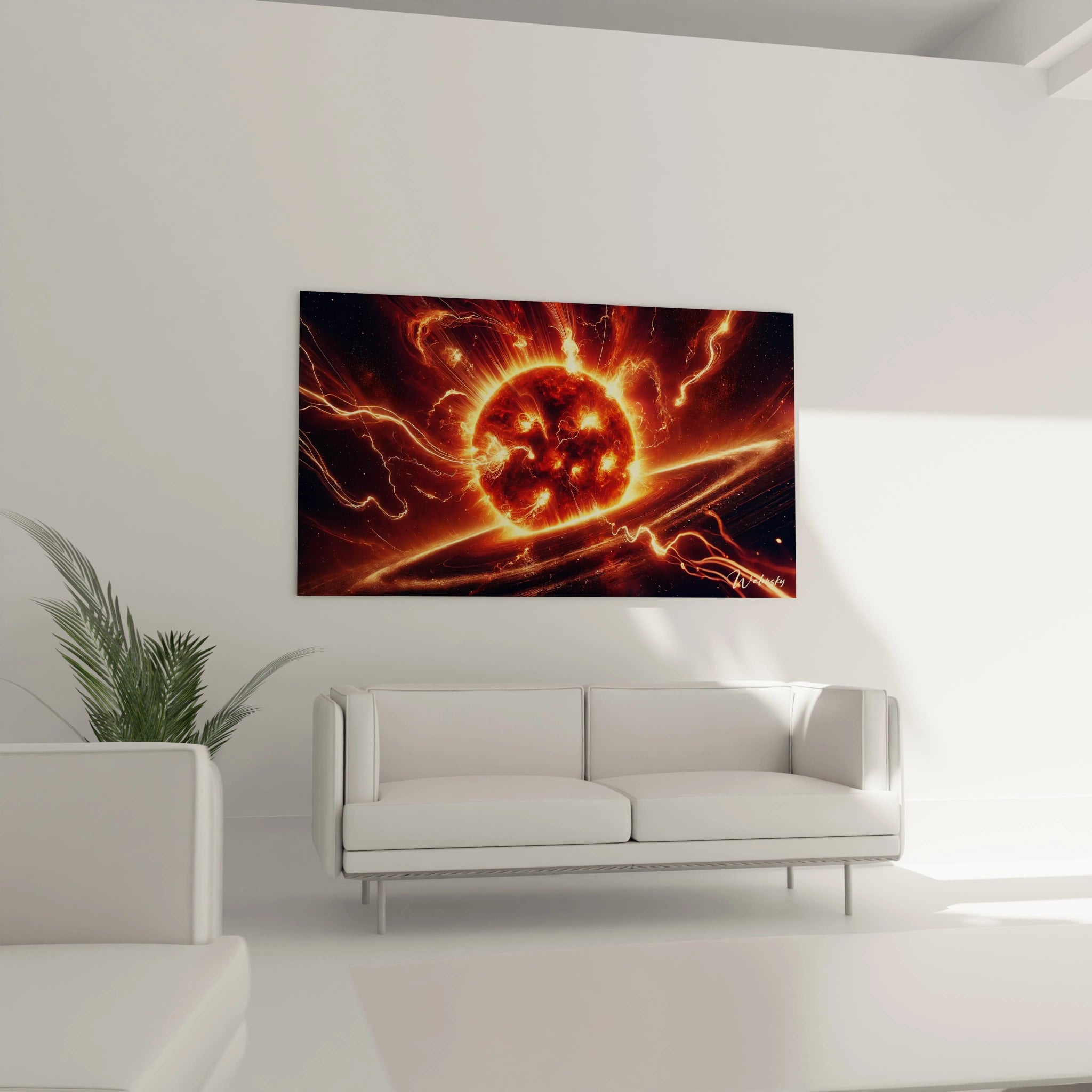 tableau espace au-dessus d'un canape salon contemporain teintes orange rouge noir accents lumineux energie brute du cosmos dynamisme et profondeur transforme l'espace en un spectacle visuel captivant