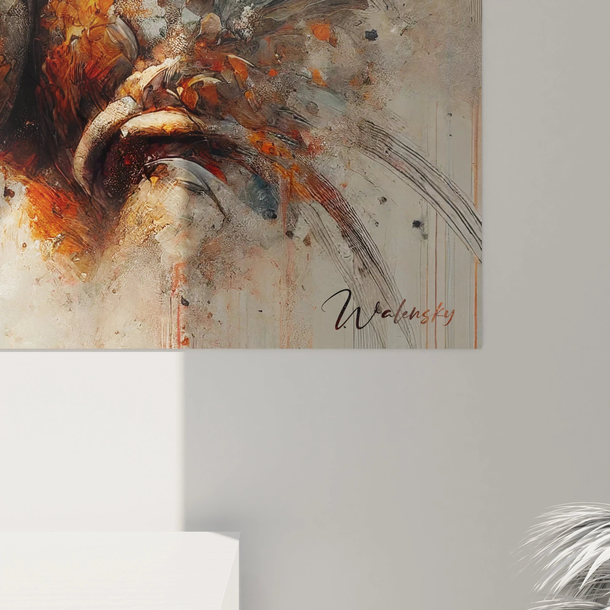 Admirez le tableau rhinocéros de près, où chaque détail de la texture et des couleurs éclatantes évoque la force et la vulnérabilité de cet animal majestueux.