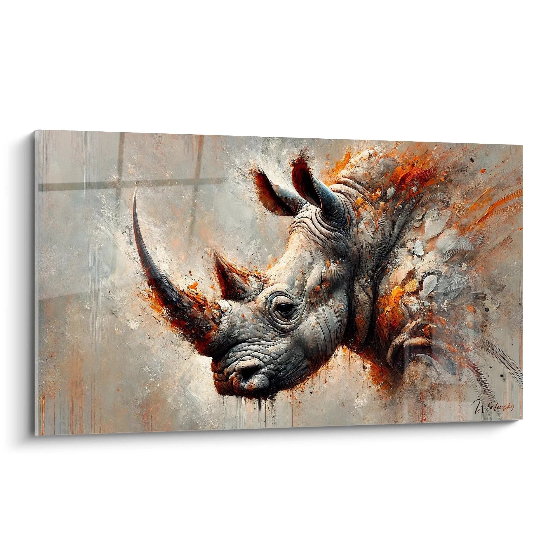 Découvrez le tableau rhinocéros sous un angle unique, illustrant la puissance et la beauté de cet animal majestueux, avec des teintes de gris, orange et noir qui captivent l'œil.