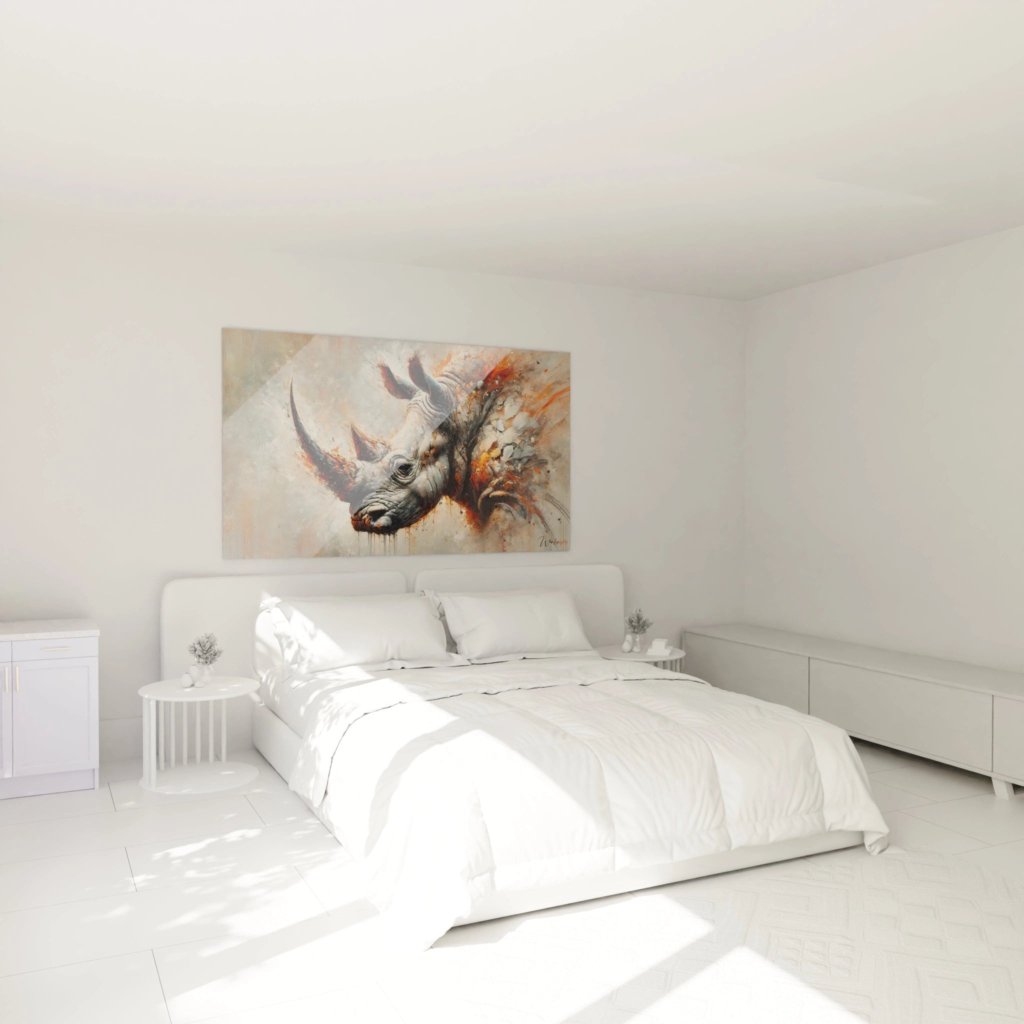 Transformez votre chambre avec ce tableau rhinocéros accroché au-dessus de votre lit, apportant une touche d'énergie brute et de couleur à votre espace de repos.