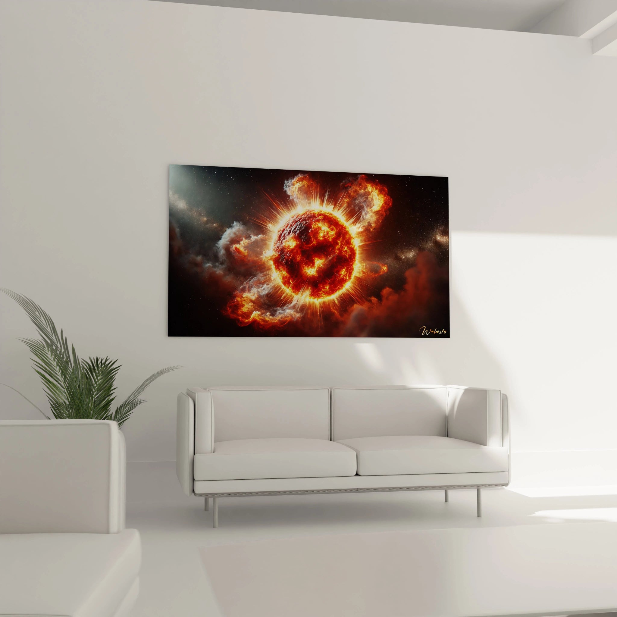 Sublimez votre salon avec le tableau Soleil au-dessus du canapé, un point focal puissant qui ajoute une touche d'énergie solaire et une profondeur visuelle à votre décoration.