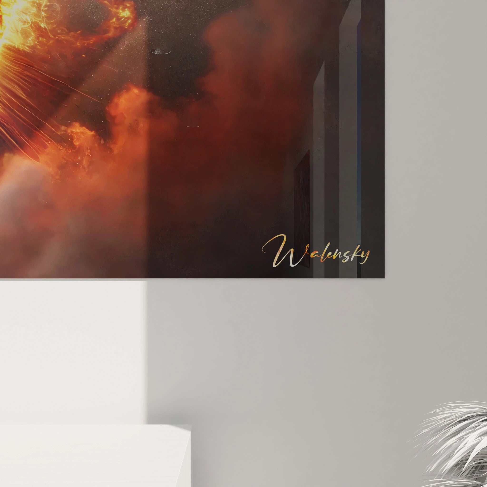 Découvrez de près la texture vibrante du tableau Soleil, ses teintes rouge, orange et jaune éclatantes capturent toute la puissance et la beauté de l'astre solaire.