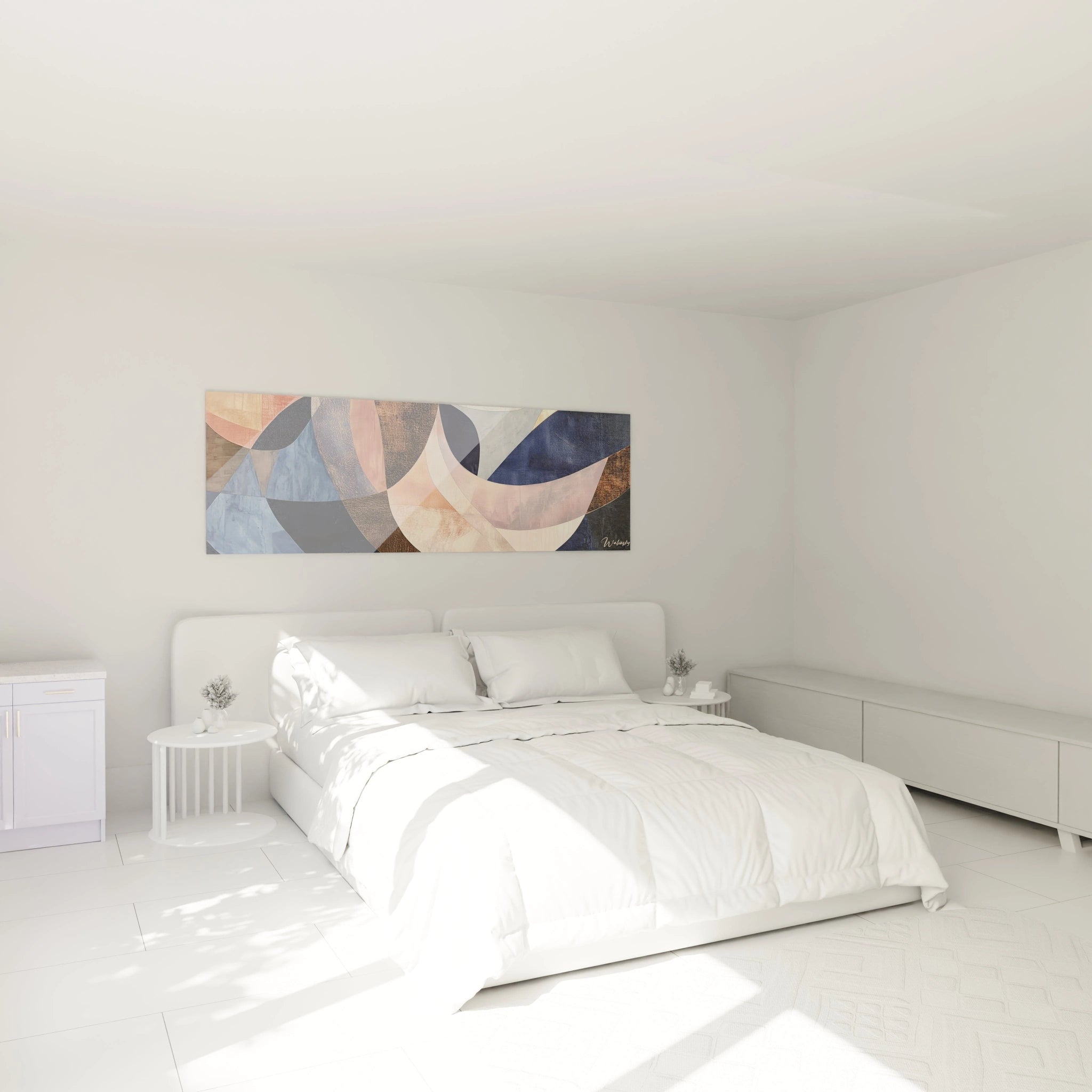 Tableau géométrique abstrait de Walensky en tons neutres, idéal pour décorer une chambre moderne