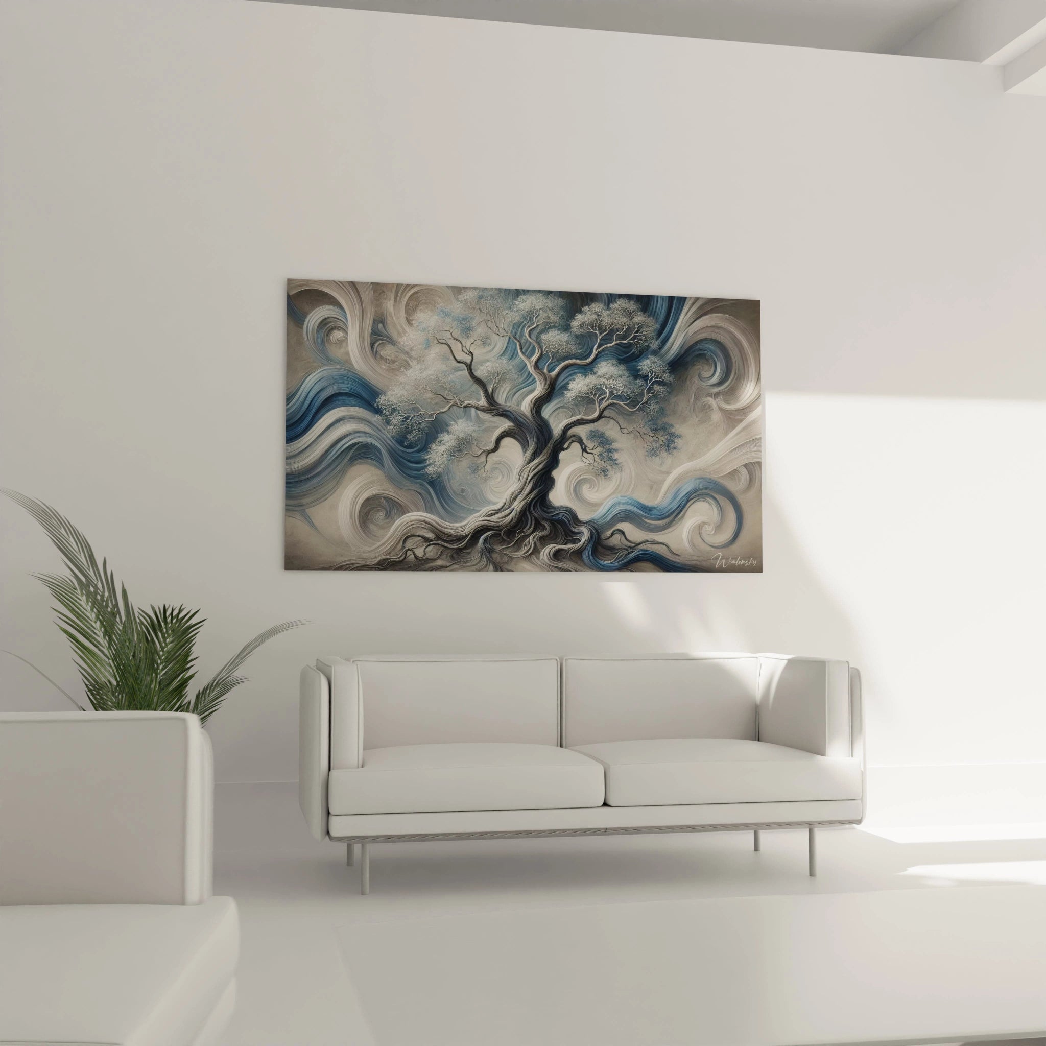 Transformez votre salon avec ce tableau Arbre de Vie au-dessus du canapé, une pièce maîtresse qui allie modernité et harmonie naturelle grâce à ses teintes argentées.