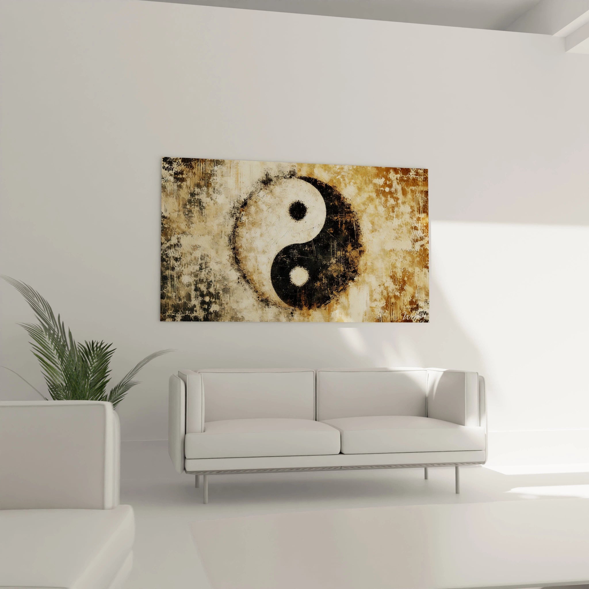 Tableau Yin Yang dans le salon : installe au-dessus du canape, ce tableau attire le regard avec ses contrastes subtils et sa profondeur. Parfait pour un interieur moderne et harmonieux.