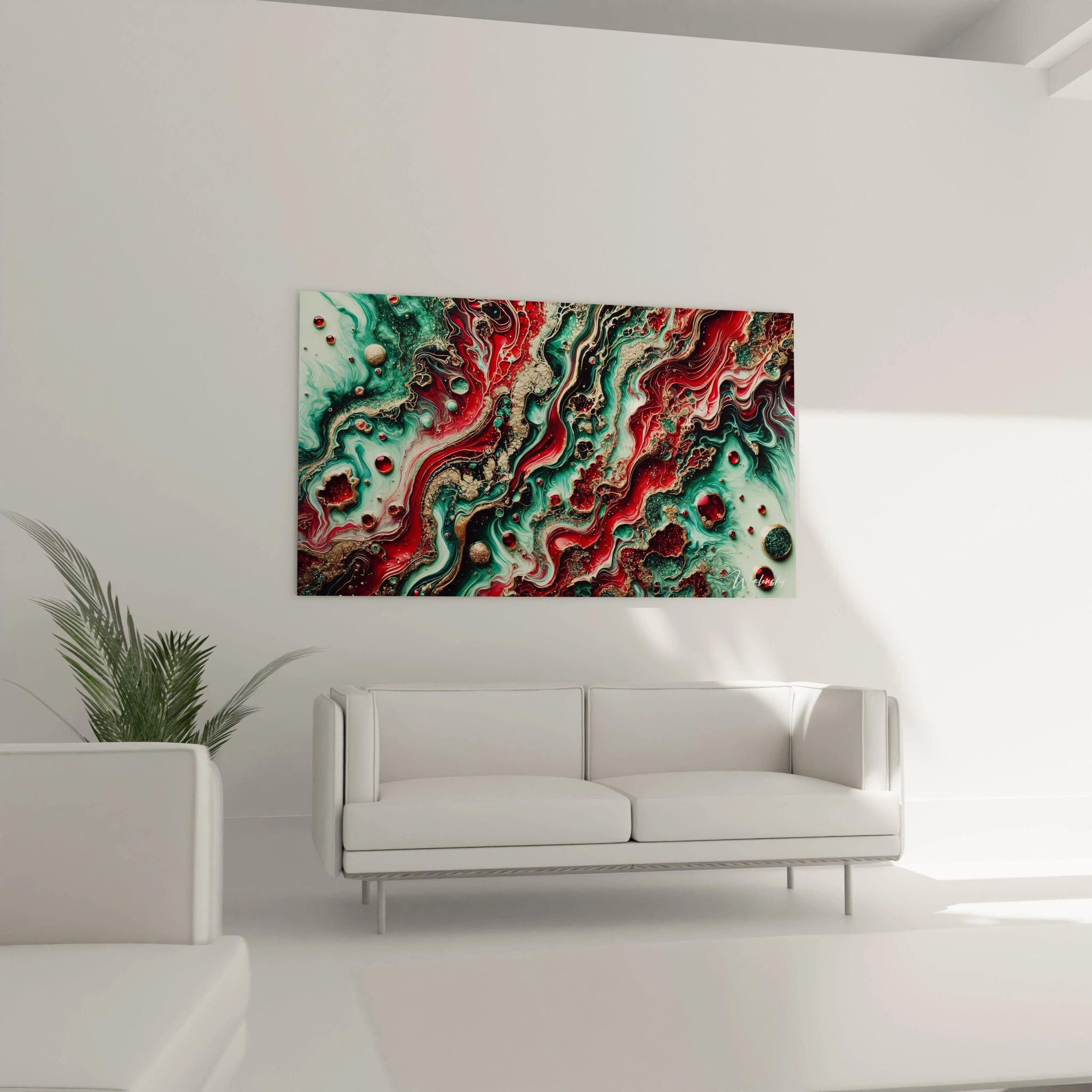 Tableau style epoxy posé dans un salon au-dessus du canapé, sa palette contrastée de rouge, vert et or illumine la pièce, transformant l’atmosphère en un lieu à la fois dynamique et élégant.