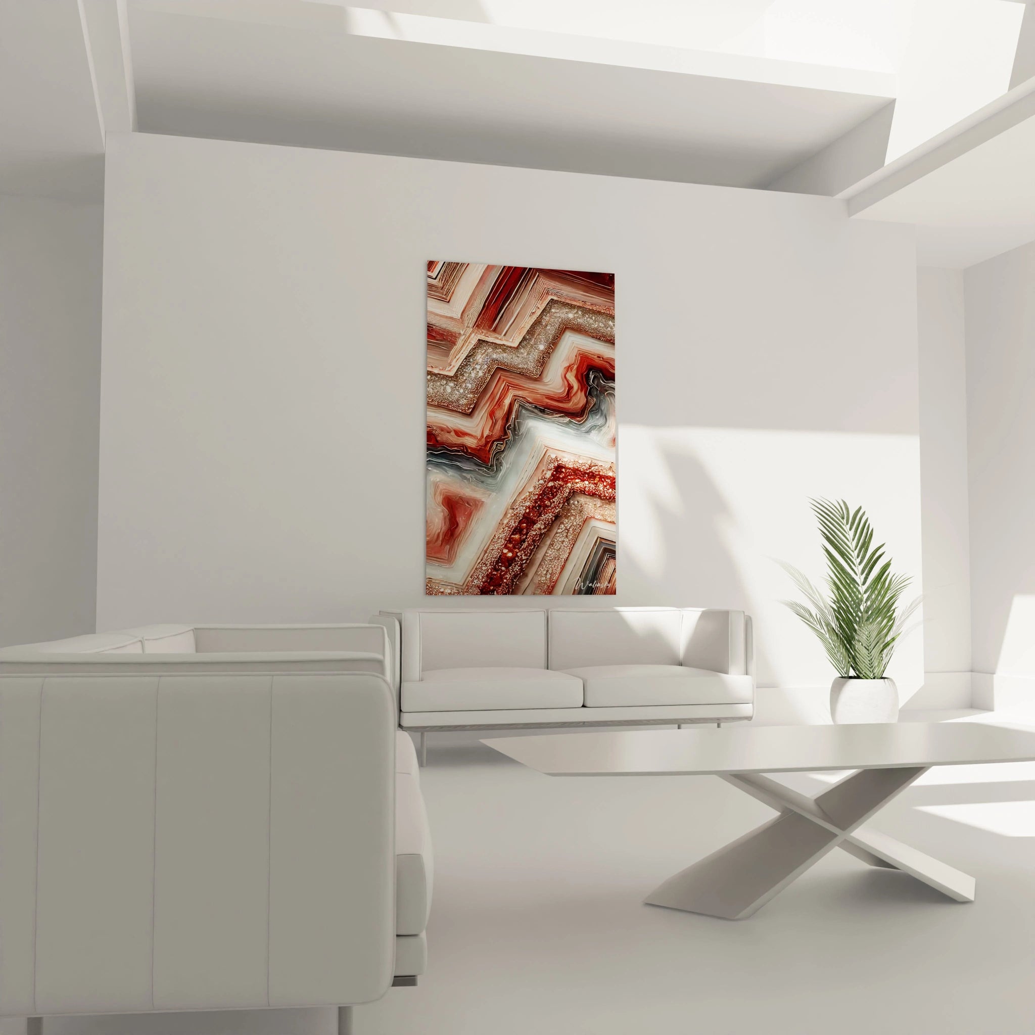 Tableau dans le salon au-dessus du canapé Dans le salon, ce tableau style epoxy, placé au-dessus du canapé, devient une pièce maîtresse avec ses lignes angulaires et son mélange de cuivre, blanc et gris qui enrichit l'atmosphère.