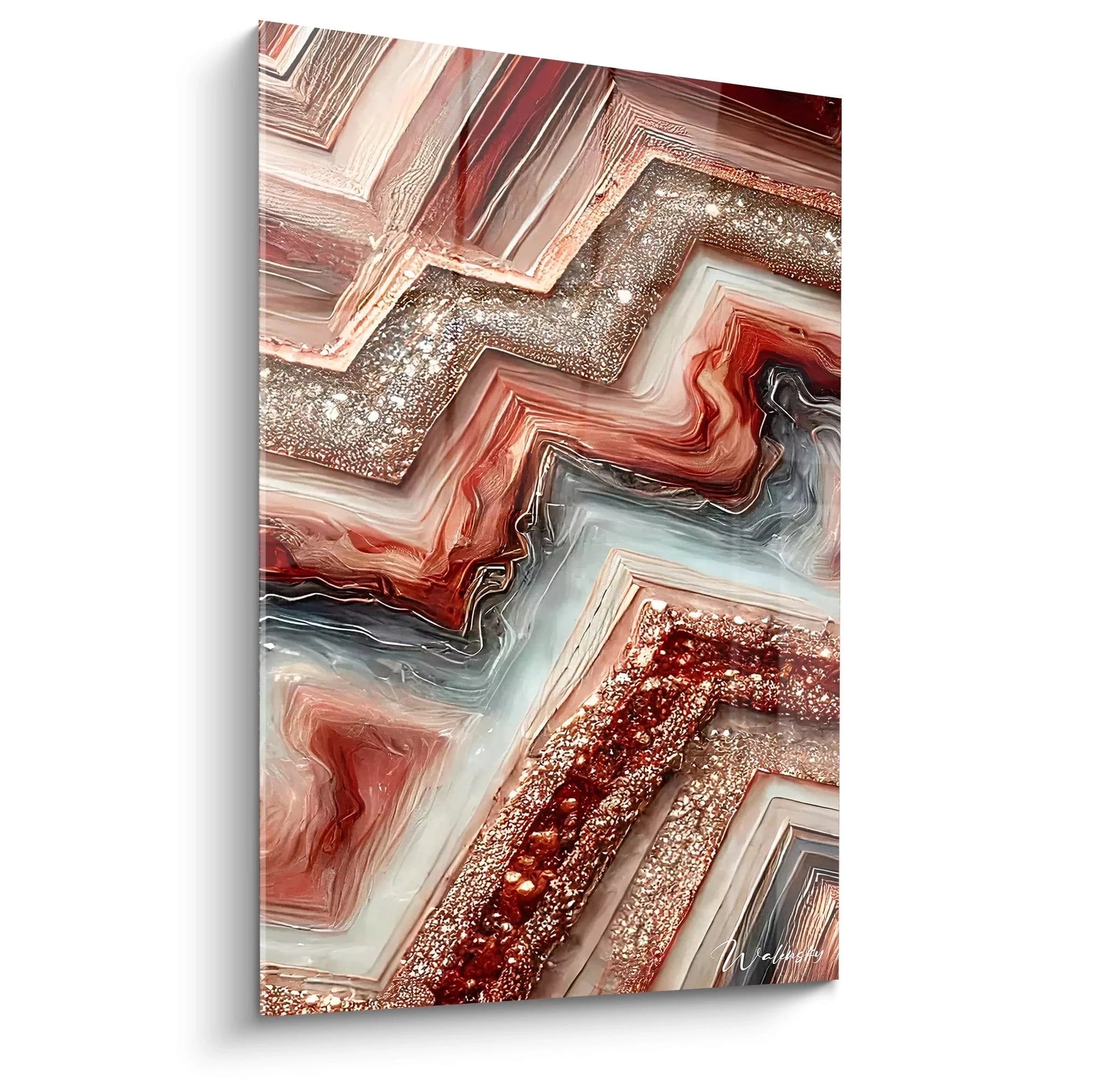 Le tableau style epoxy vu de biais révèle une composition dynamique de formes géométriques et de lignes nettes. Les teintes cuivrées, grises et blanches se mêlent dans un contraste saisissant.