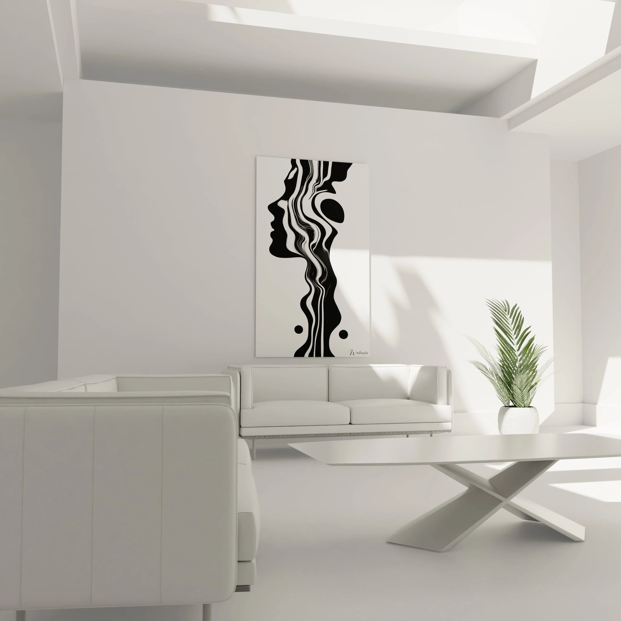 Un tableau rayures ondulantes montrant des formes abstraites en noir profond sur fond blanc. La composition verticale présente des lignes dynamiques et des courbes fluides qui s'entrecroisent, créant un motif rythmique aux contours nets et précis.