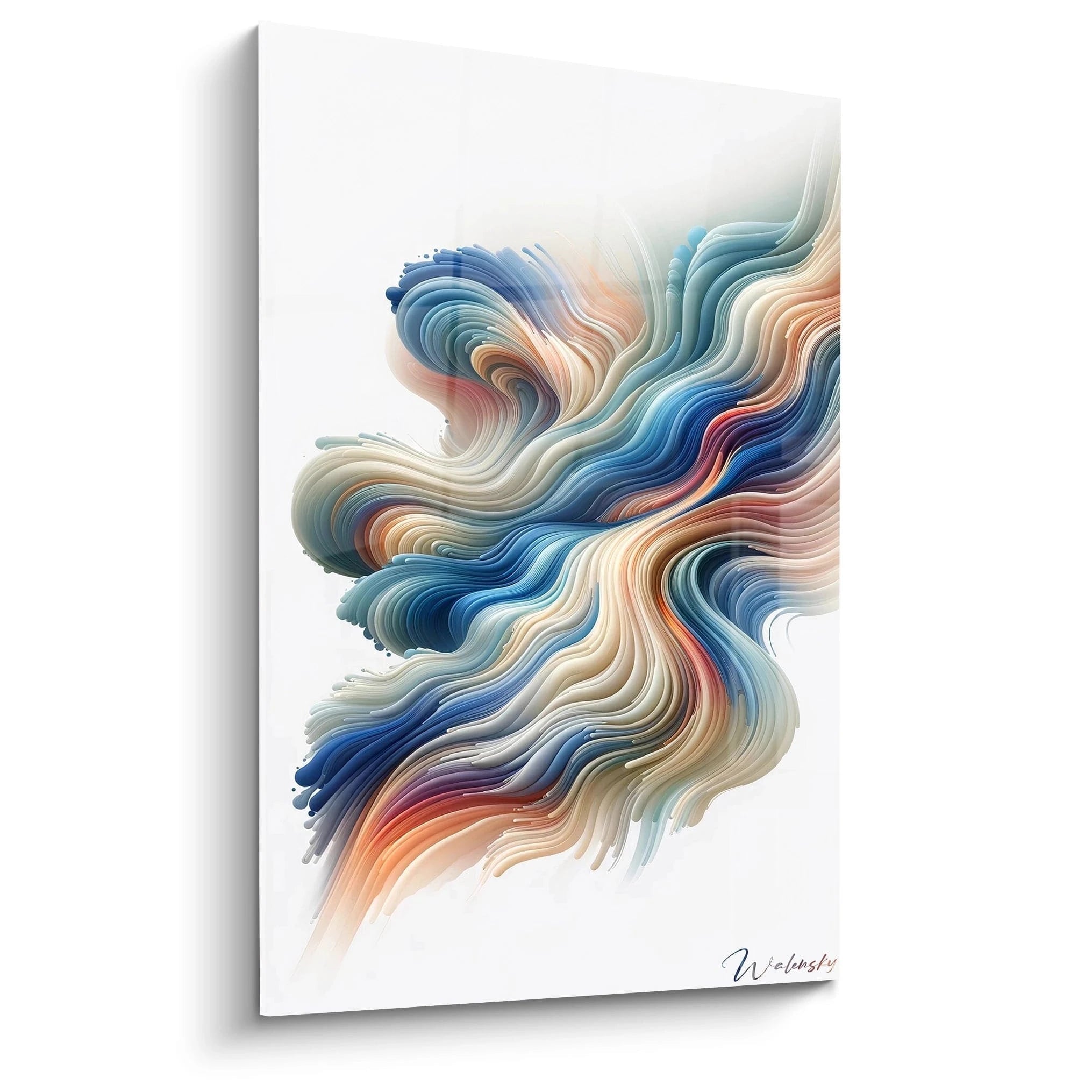 Un tableau abstrait de strates ondulantes multicolores. Dominé par des teintes bleu cobalt, blanc crème, pêche et turquoise. La texture présente des lignes parallèles fluides et sinueuses créant un effet de mouvement dynamique, comme des rubans superposés qui se tordent et s'entrelacent sur fond blanc.