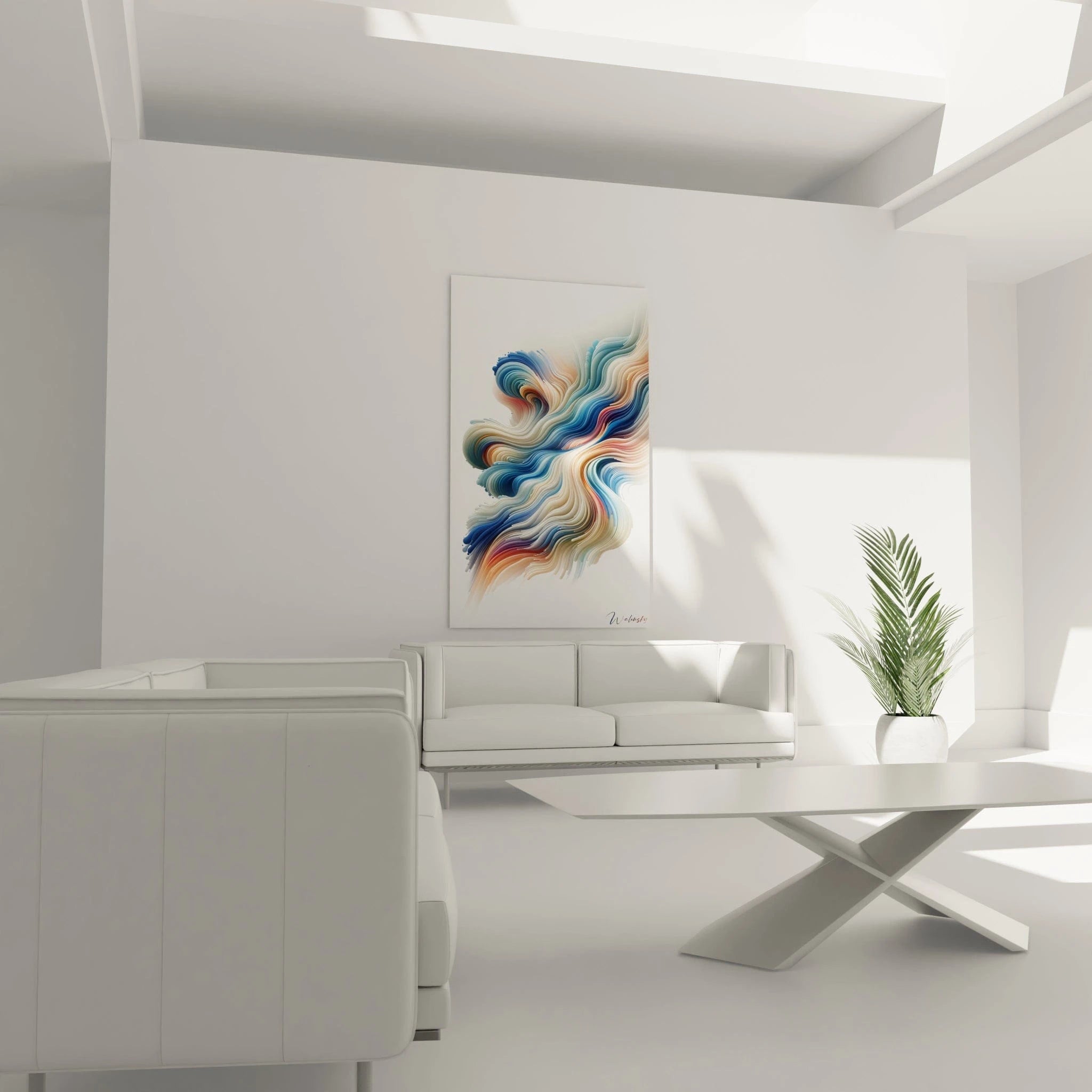 Un tableau abstrait de vagues chromatiques en mouvement. Les couleurs principales sont bleu marine, blanc nacré, saumon et bleu pastel. La texture révèle des strates lisses et parallèles qui se déploient en courbes gracieuses, créant un motif fluide et dynamique ressemblant à des courants d'eau ou d'air stylisés.