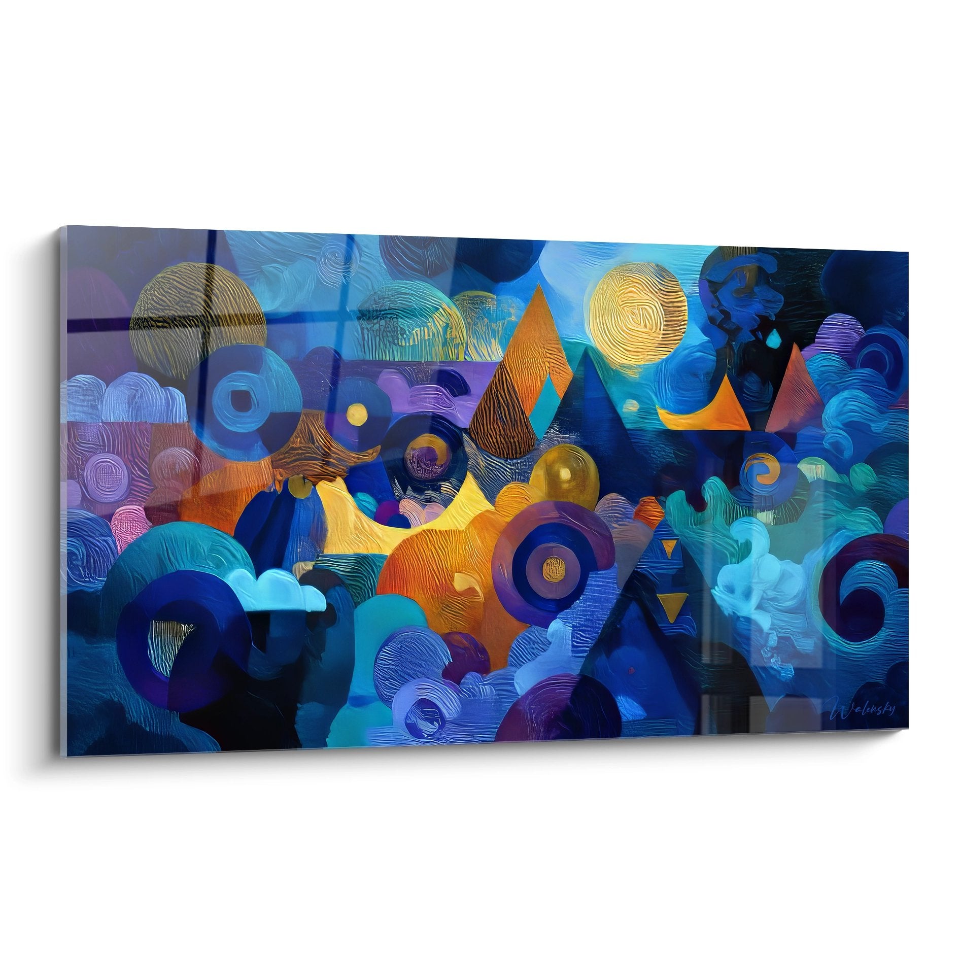 Tableau mural futurisme abstrait avec formes géométriques colorées cercles triangles spirales