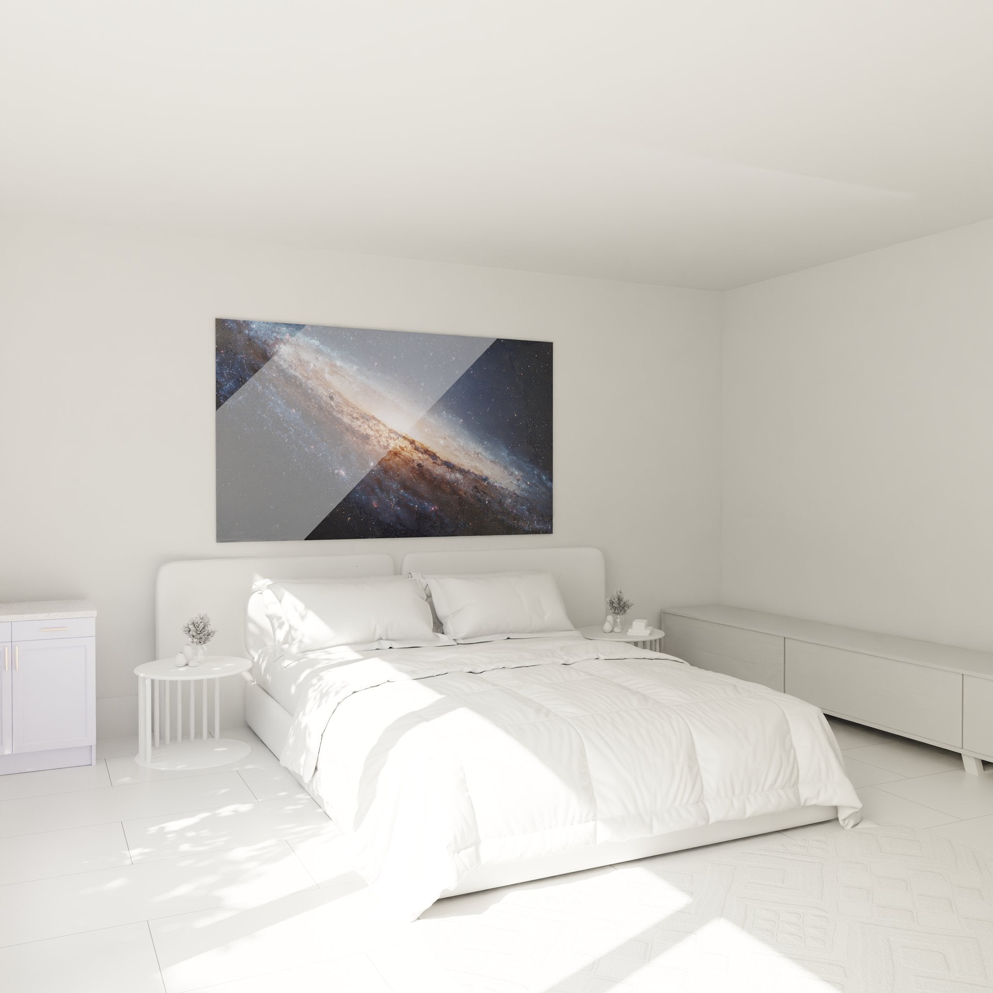 Tableau galaxie d'Andromède installé dans une chambre moderne - ambiance décorative spatiale