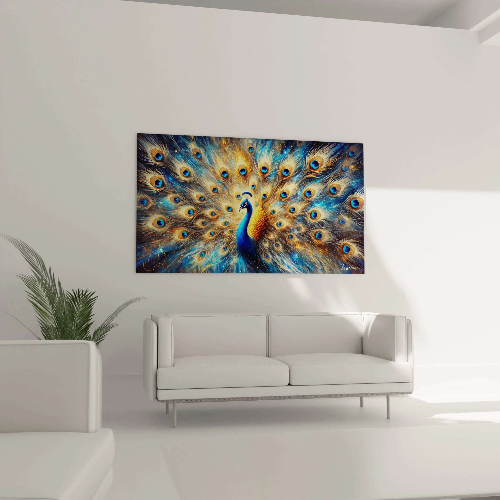 Le tableau paon s'impose comme une pièce maîtresse au-dessus du canapé, avec ses couleurs vibrantes et son effet visuel hypnotisant, ajoutant une touche d'exotisme et de modernité à votre salon.
