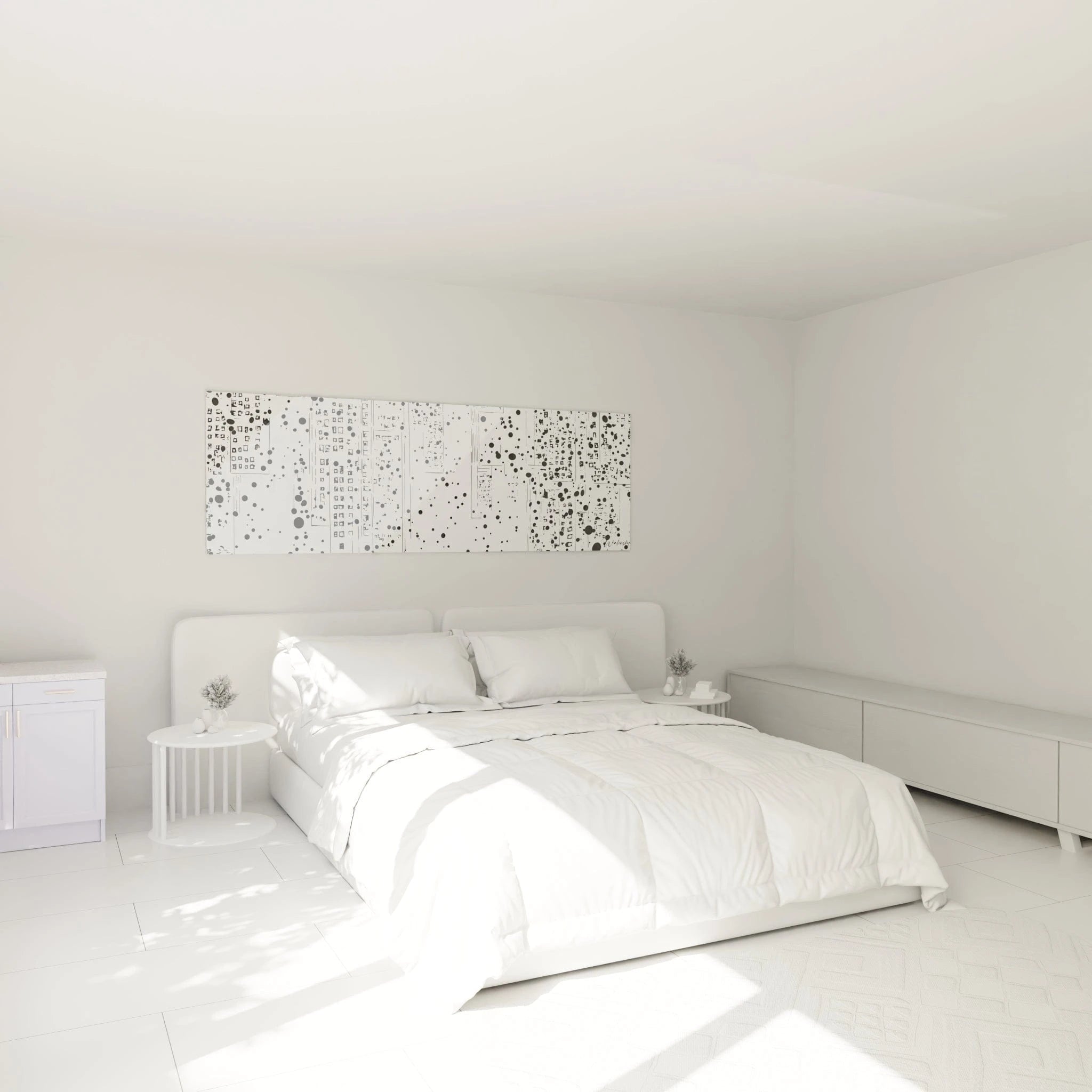 Tableau tacheté noir et blanc de Walensky au-dessus d'un lit dans une chambre moderne