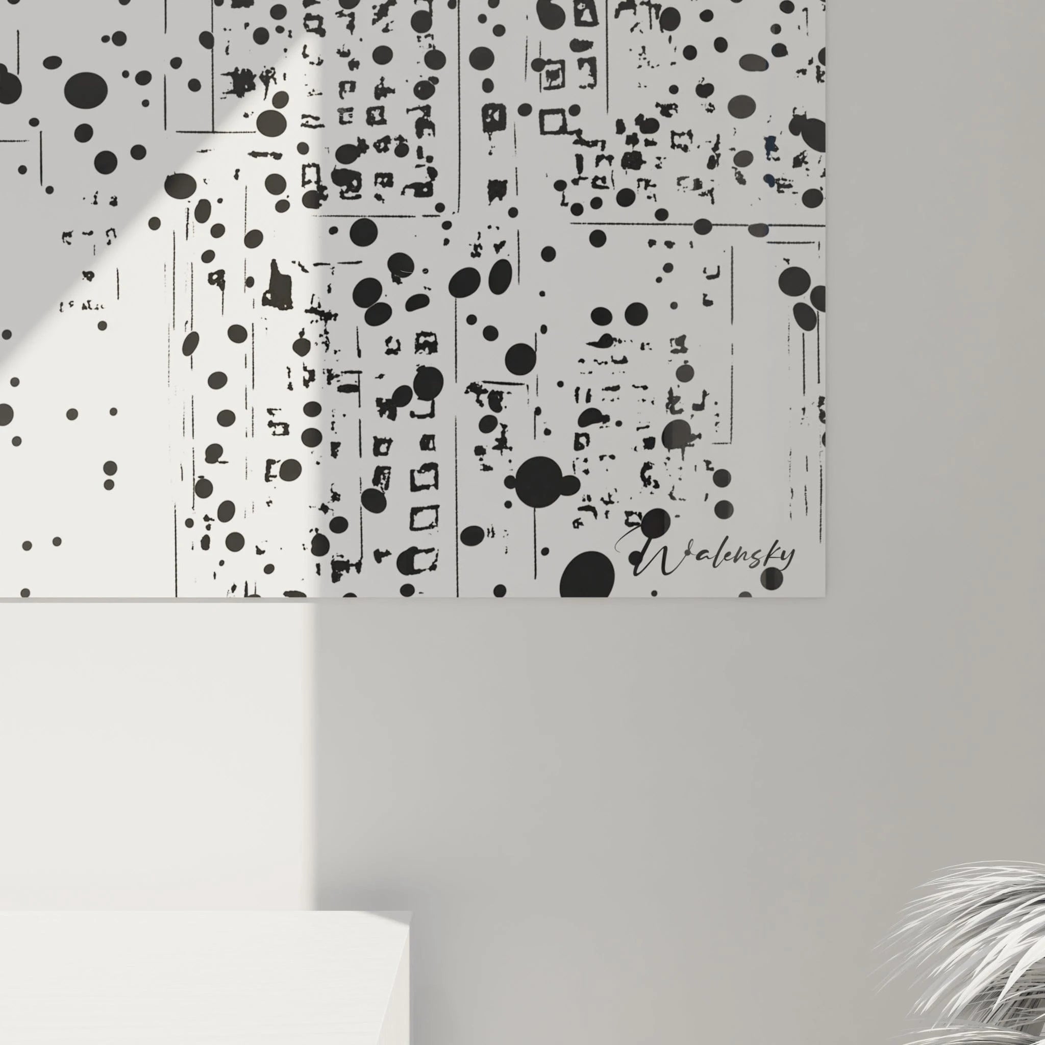Tableau tacheté noir et blanc de Walensky avec motif abstrait contemporain