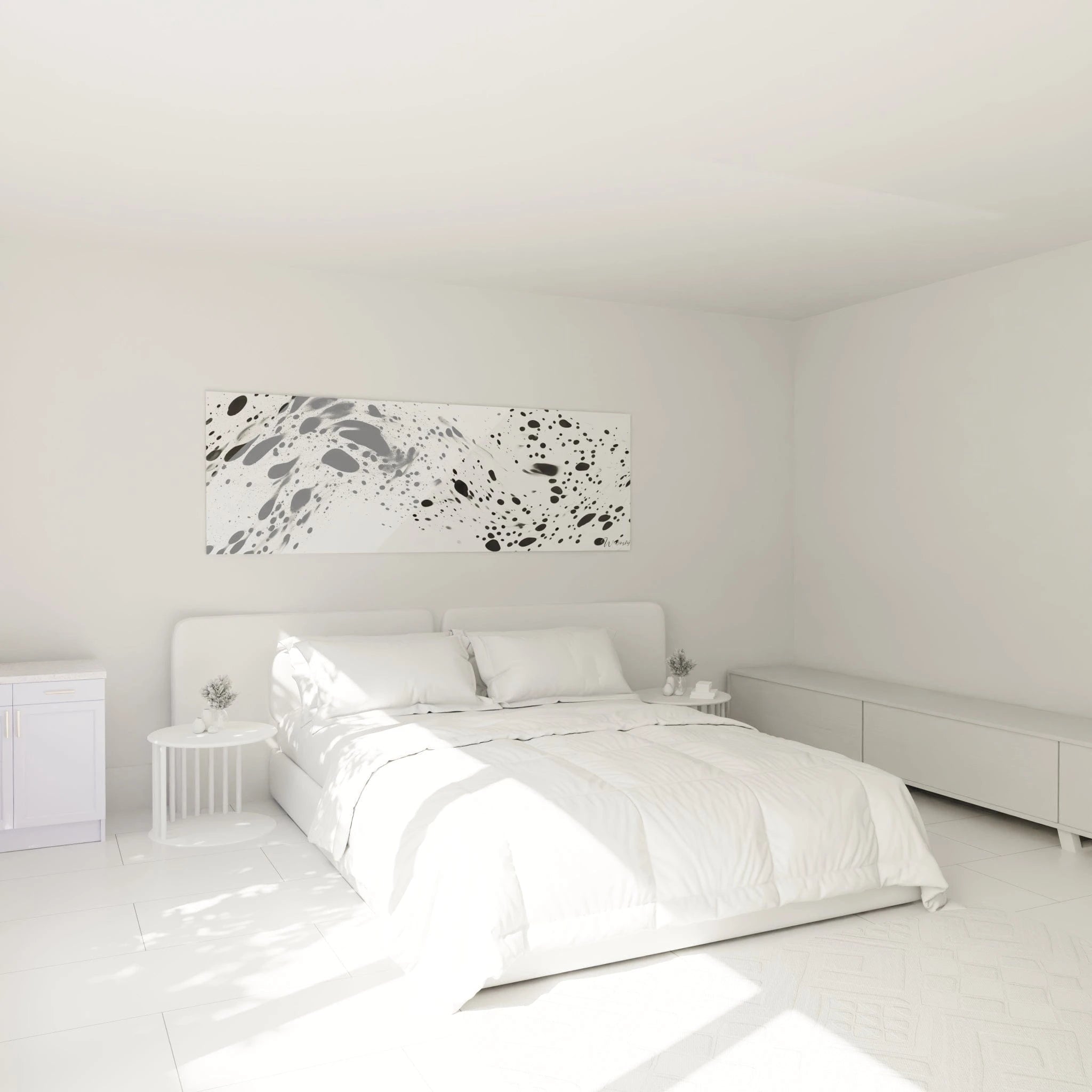 Tableau tacheté noir et blanc de Walensky accroché dans une chambre lumineuse et moderne