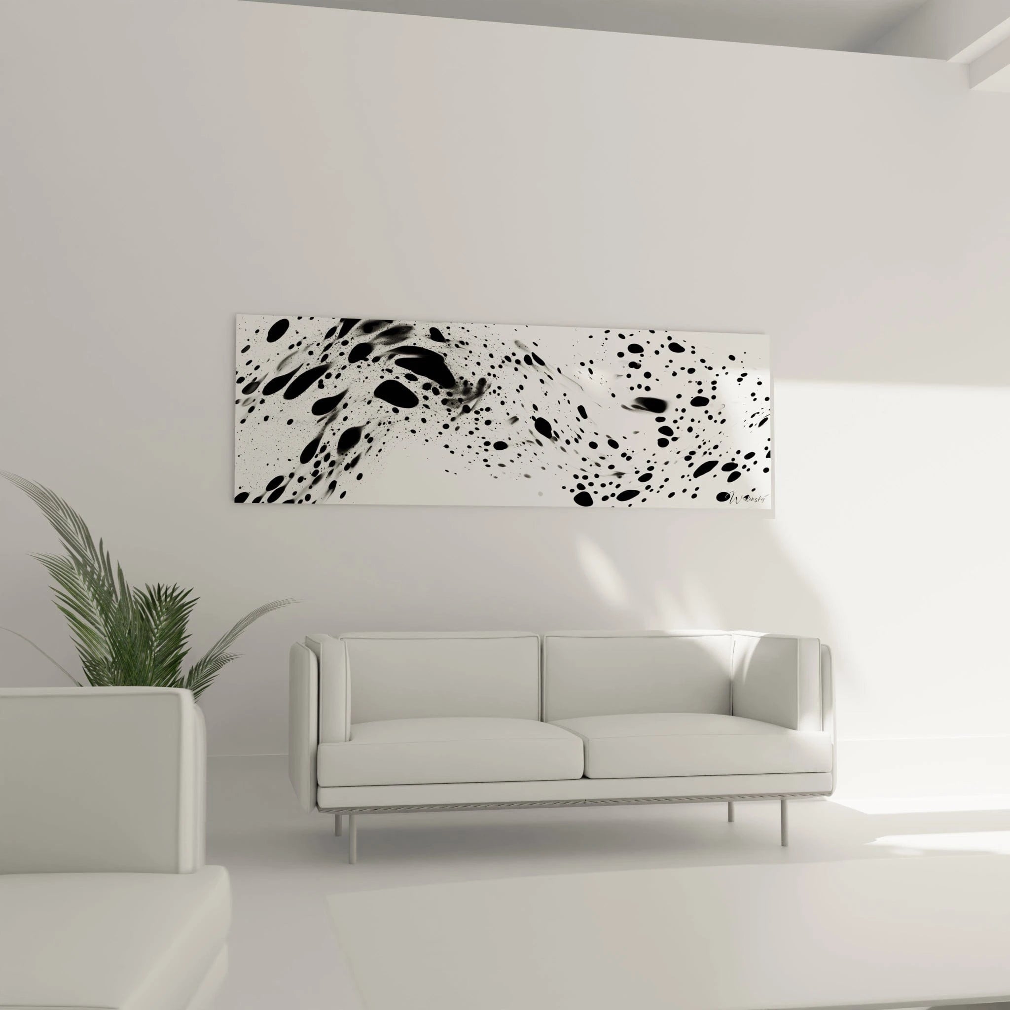 Tableau tacheté noir et blanc de Walensky accroché dans un salon moderne avec canapé blanc