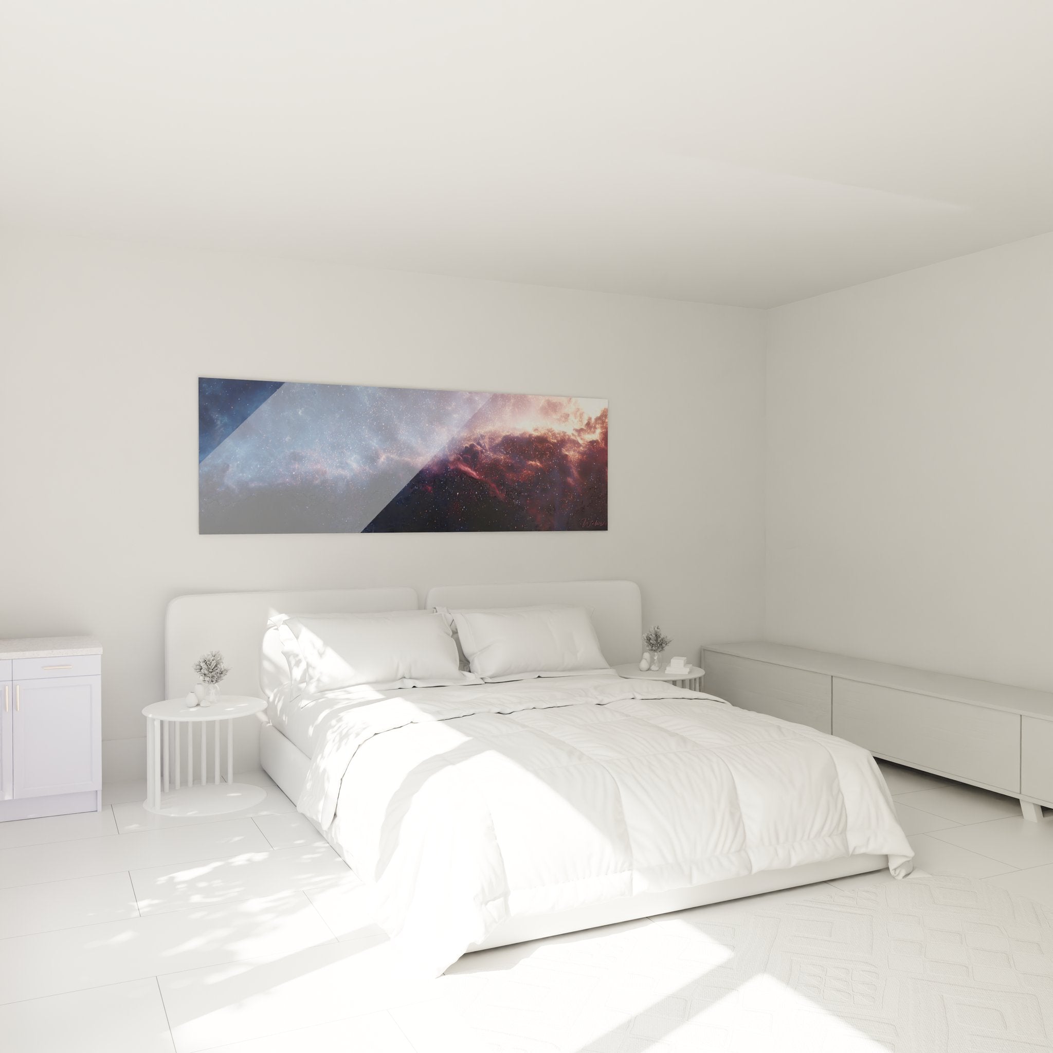 Tableau galaxie montagnes dans chambre moderne - décoration murale cosmos panoramique