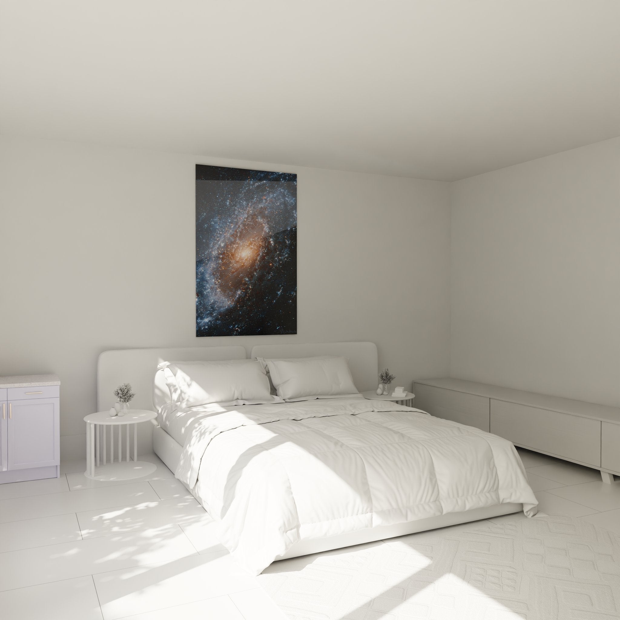 Tableau galaxie spirale dans chambre moderne, décoration murale space art ambiance cosmique