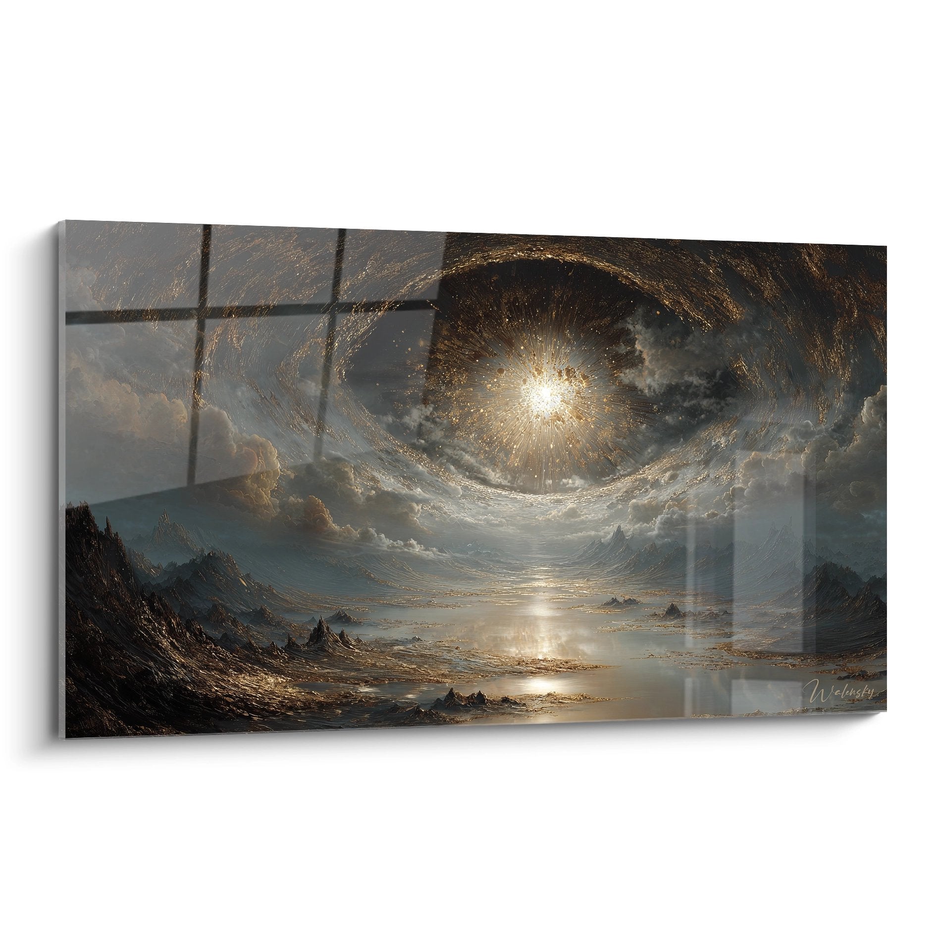 Tableau mural galaxie spirale cosmique avec vortex doré et paysage spatial fantastique sur toile premium