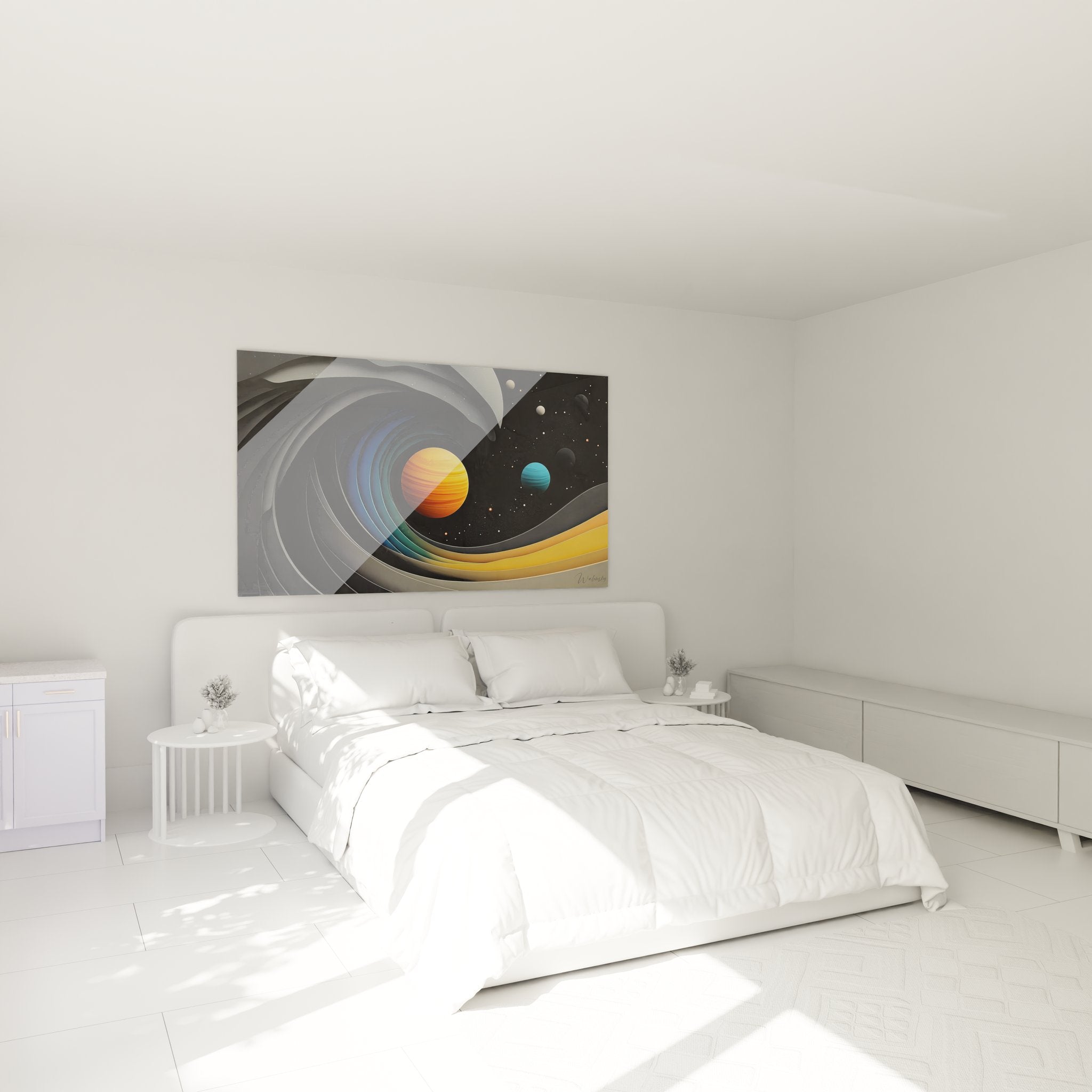 Tableau galaxie spirale abstraite installé dans chambre moderne, décoration murale spatiale contemporaine
