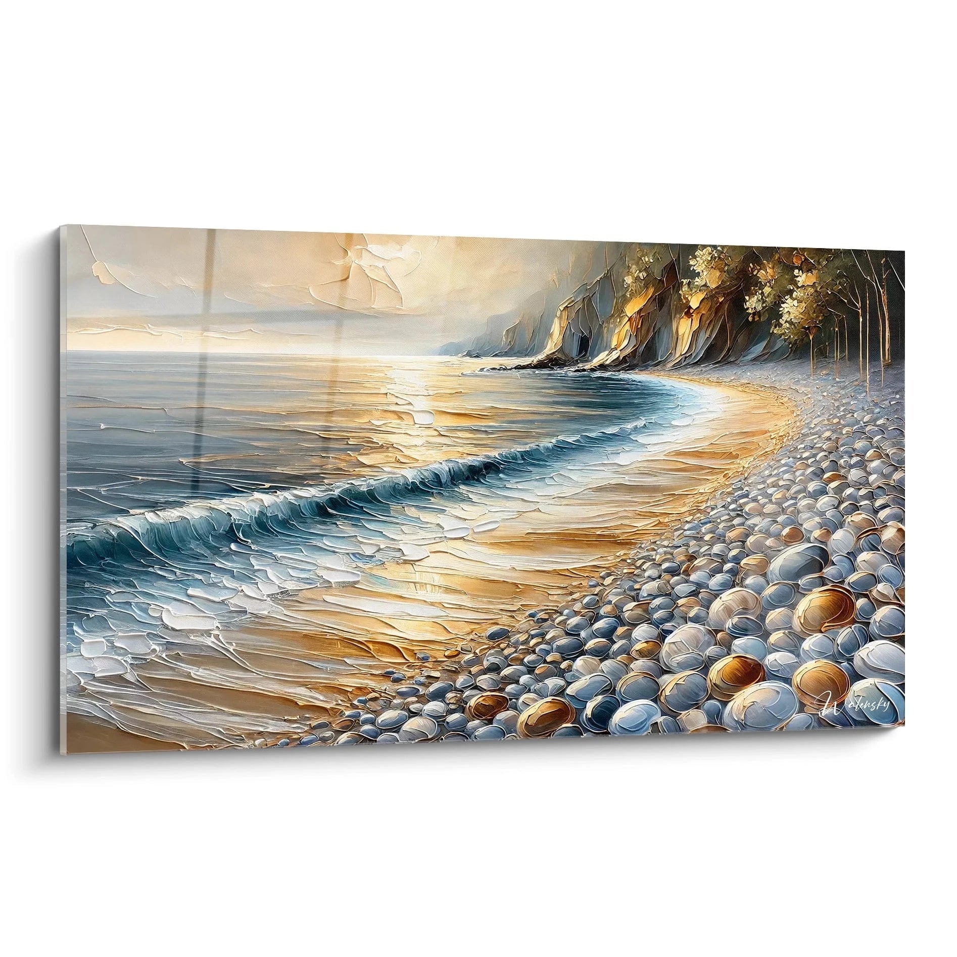 Ce tableau Plage, vu de biais, révèle une scène apaisante avec des galets brillants et un coucher de soleil doré. Une œuvre qui invite à l'évasion et à la sérénité.