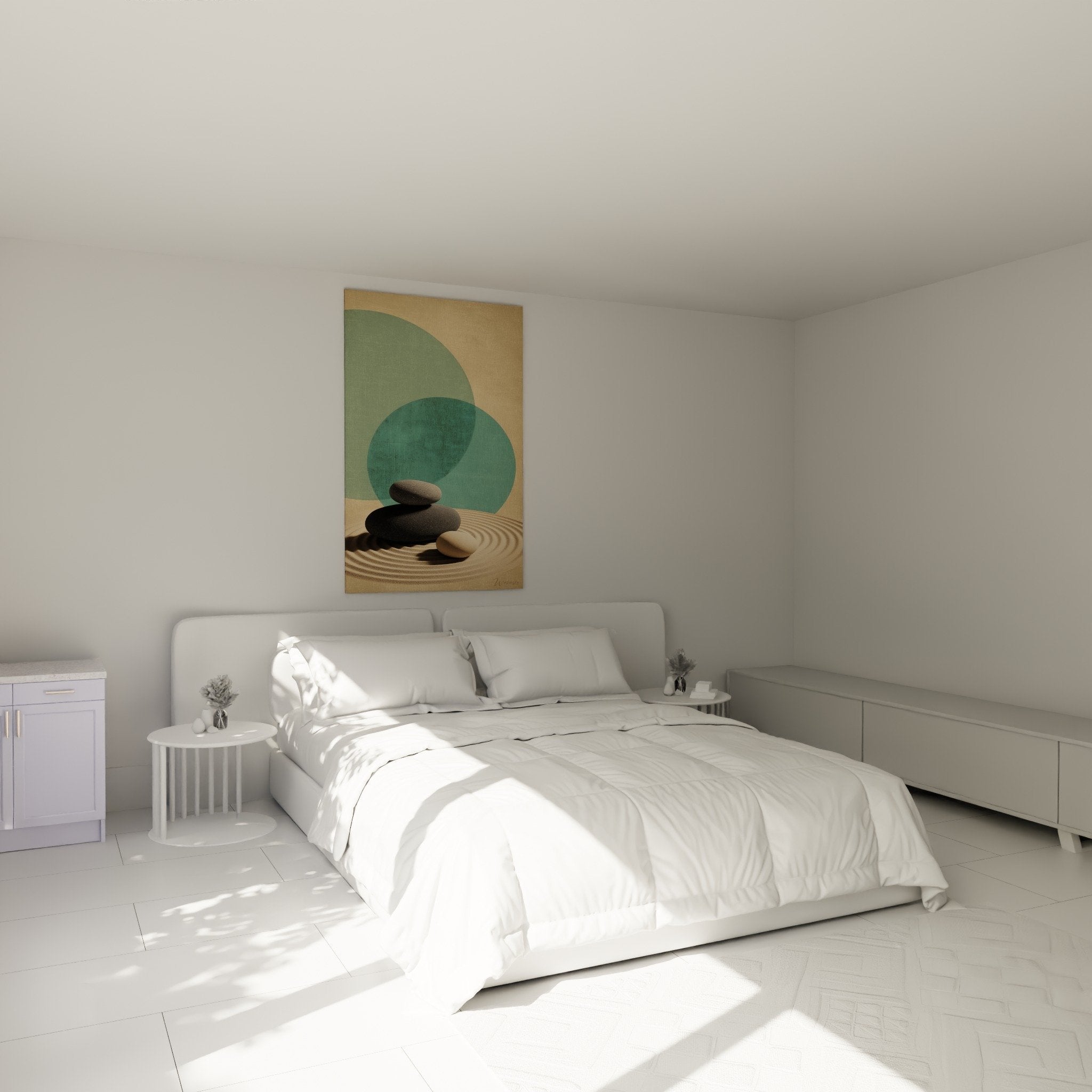 Tableau galets zen chambre mur beige decoration apaisante equilibre pierre sable ambiance sereine