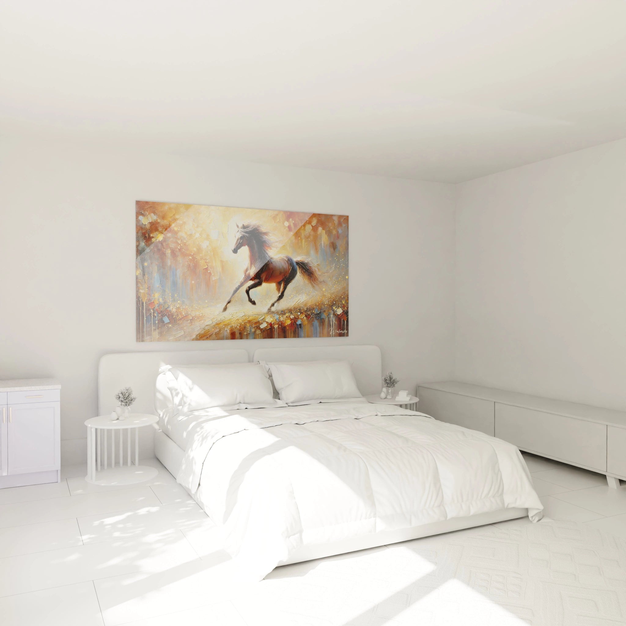 Sublimez votre chambre avec ce tableau cheval accroché au mur au-dessus du lit. La scène lumineuse et colorée évoque la liberté, ajoutant une touche dynamique à votre décoration.