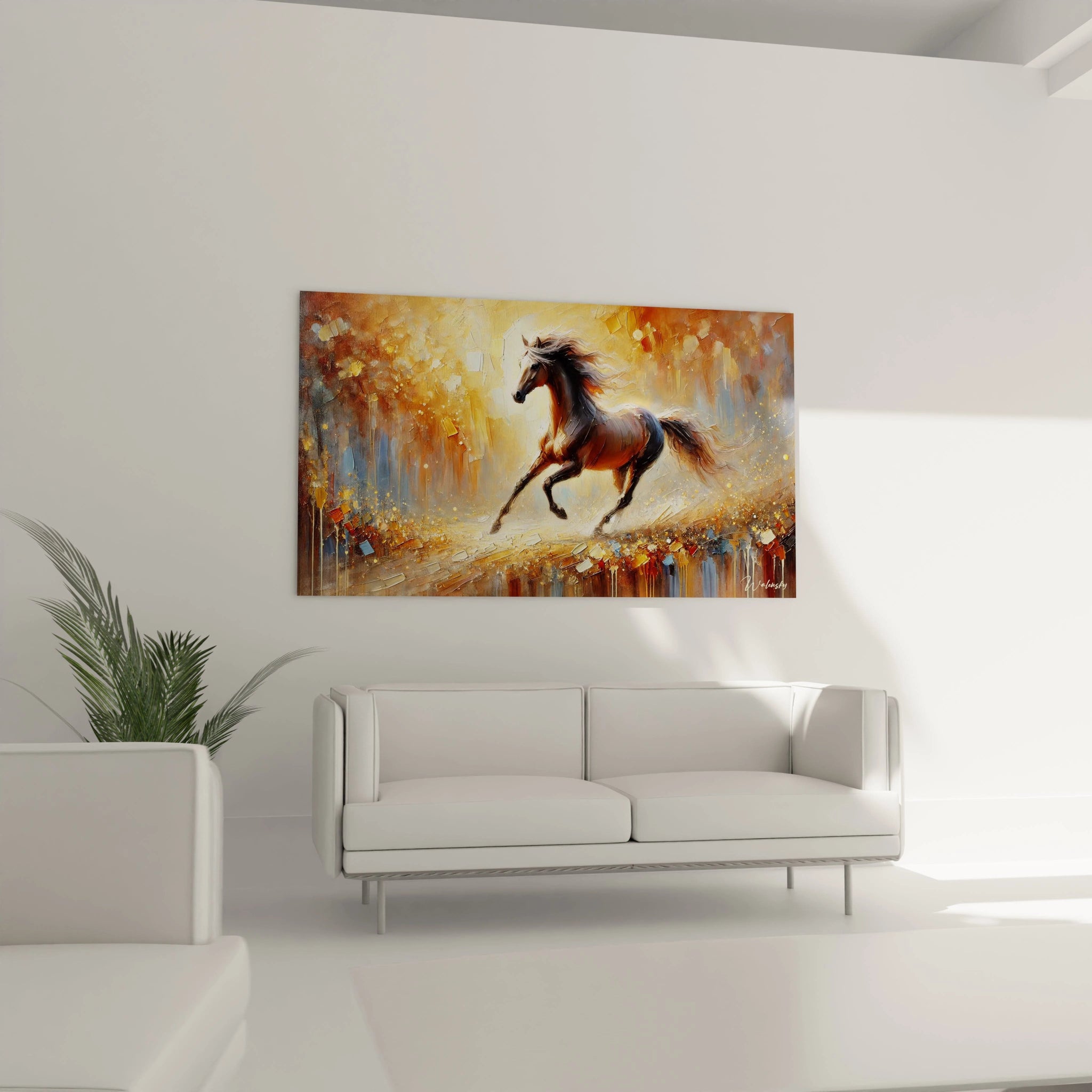 Ce tableau cheval installé au-dessus du canapé transforme votre salon en espace moderne et énergique. La puissance du cheval en mouvement crée une atmosphère chaleureuse et vivante.