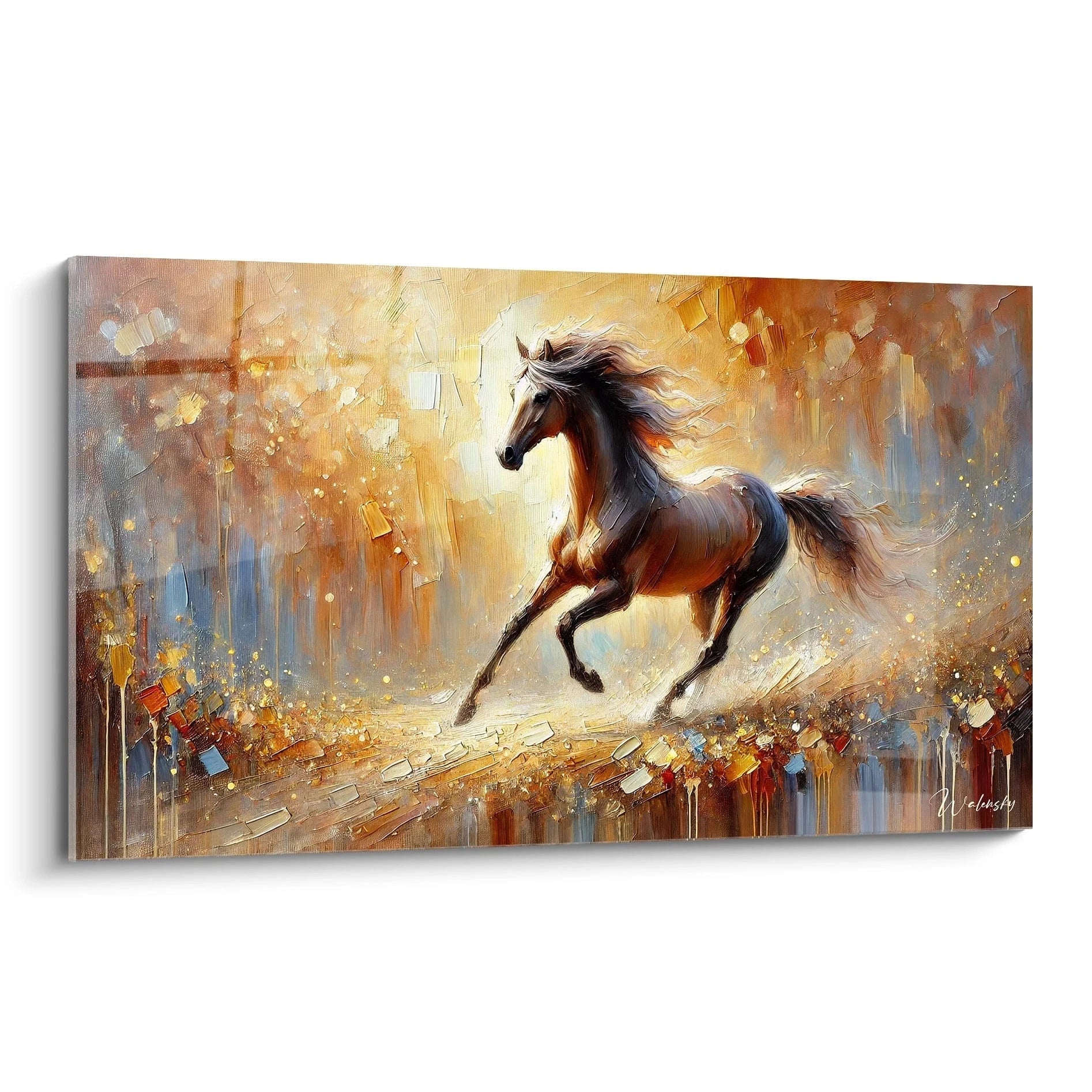 Découvrez ce tableau cheval vu de biais. Cette œuvre contemporaine capture la puissance du cheval en plein galop avec des couleurs vibrantes qui ajoutent profondeur et énergie à votre intérieur.