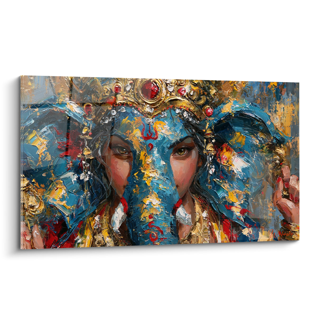 Ganesh au visage bleu marine et couronne dorée, peinture texturée aux empâtements rouges et blancs