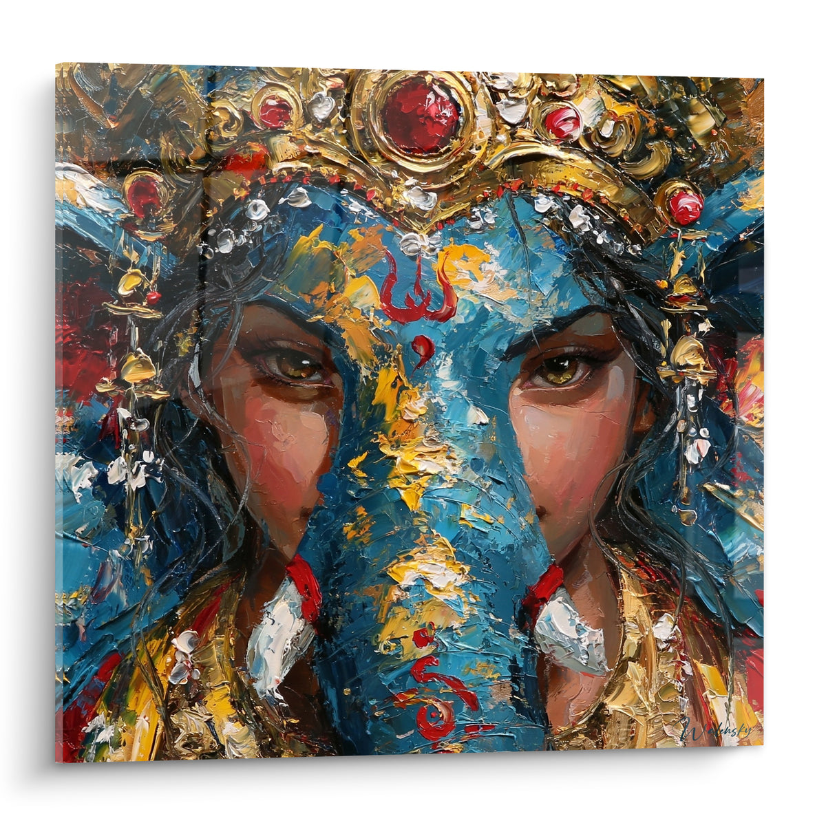 Ganesh au visage bleu marine et couronne dorée, texture empâtée, pierres rouges sculptées