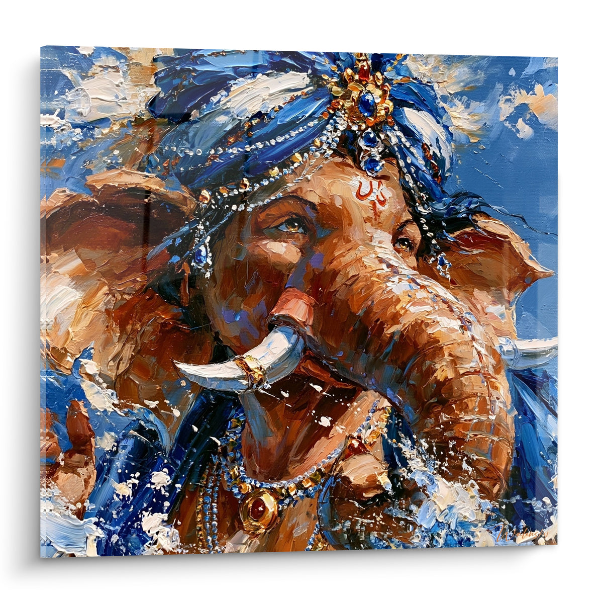 Ganesh bleu marine et doré, visage sculpté à la matière épaisse au couteau