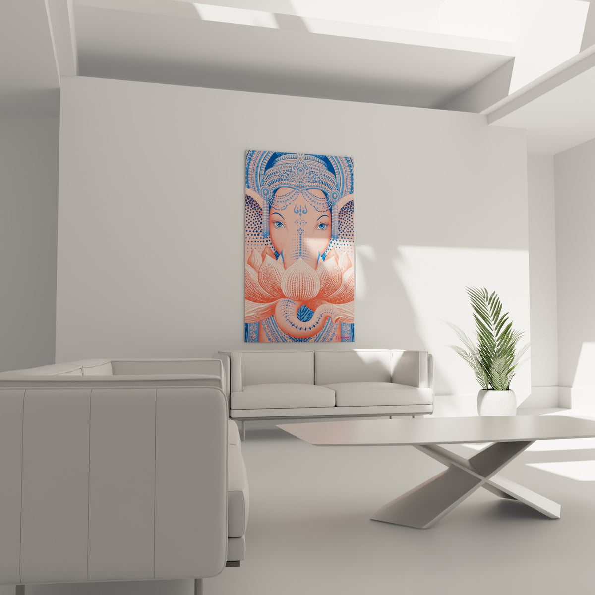 Ganesh pastel émergeant d'un lotus rose et blanc, au-dessus d'un canapé dans un salon lumineux