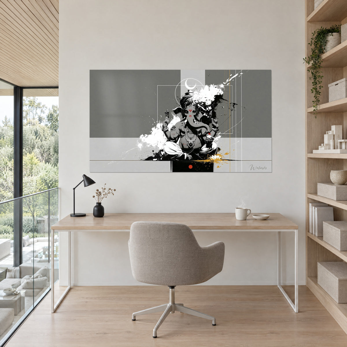 Gemälde des sitzenden Ganesha, silberne Halsketten, roter Tilak und grauer und weißer Hintergrund, an der Wand eines Büros aus hellem Holz mit grauem Sessel