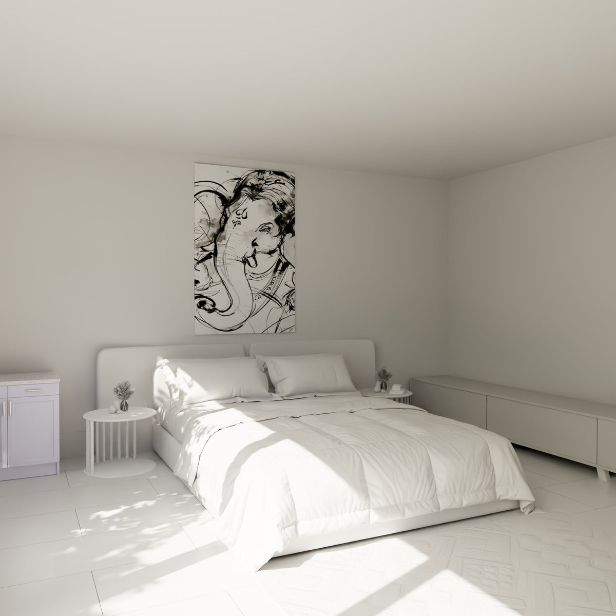 Divinité Ganesh en noir et gris fumé accrochée au-dessus d'un lit dans une chambre claire