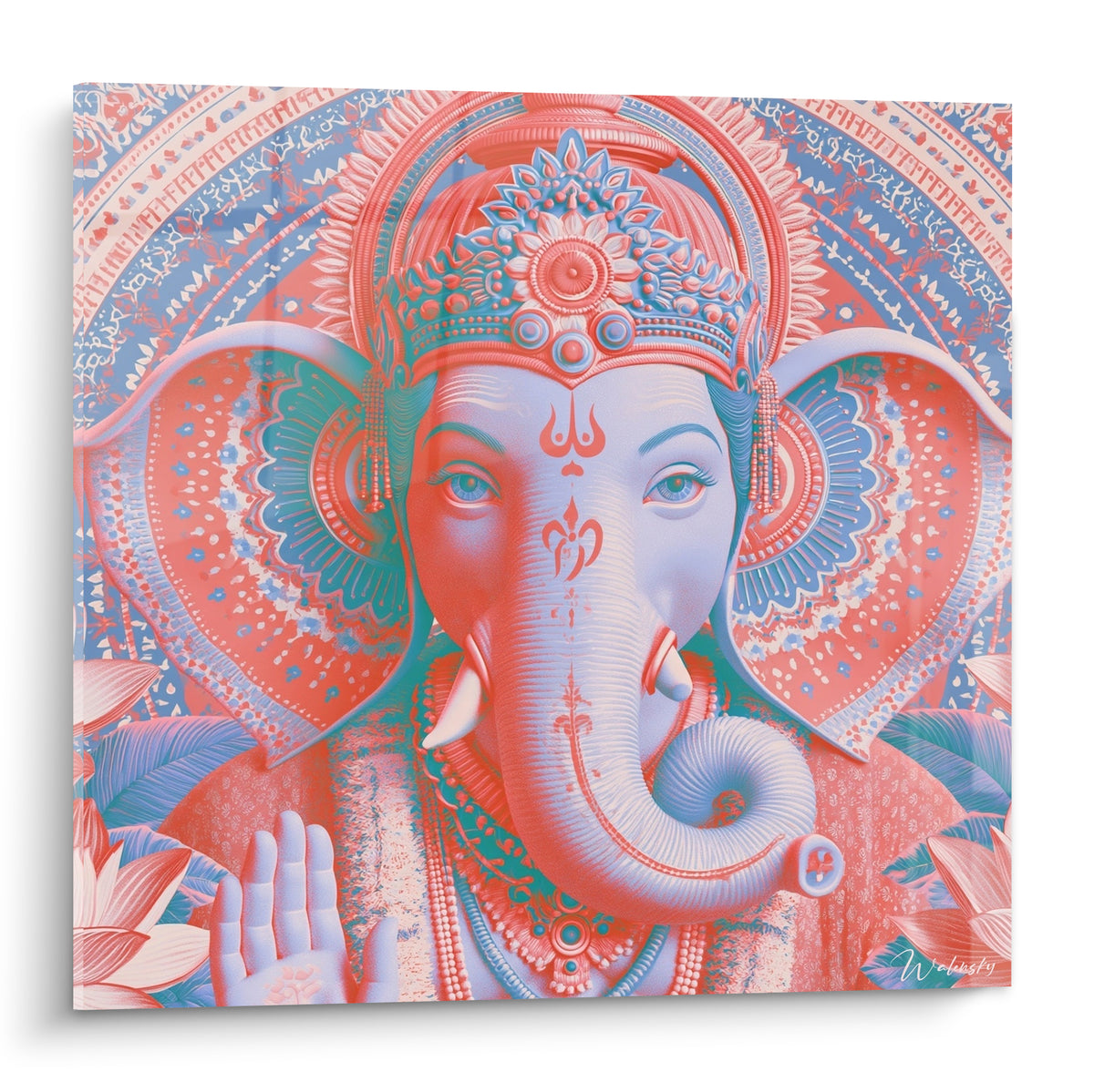 Ganesh coiffé d'une couronne corail et bleu ciel, main levée, motifs floraux ornementaux sur fond de mandala