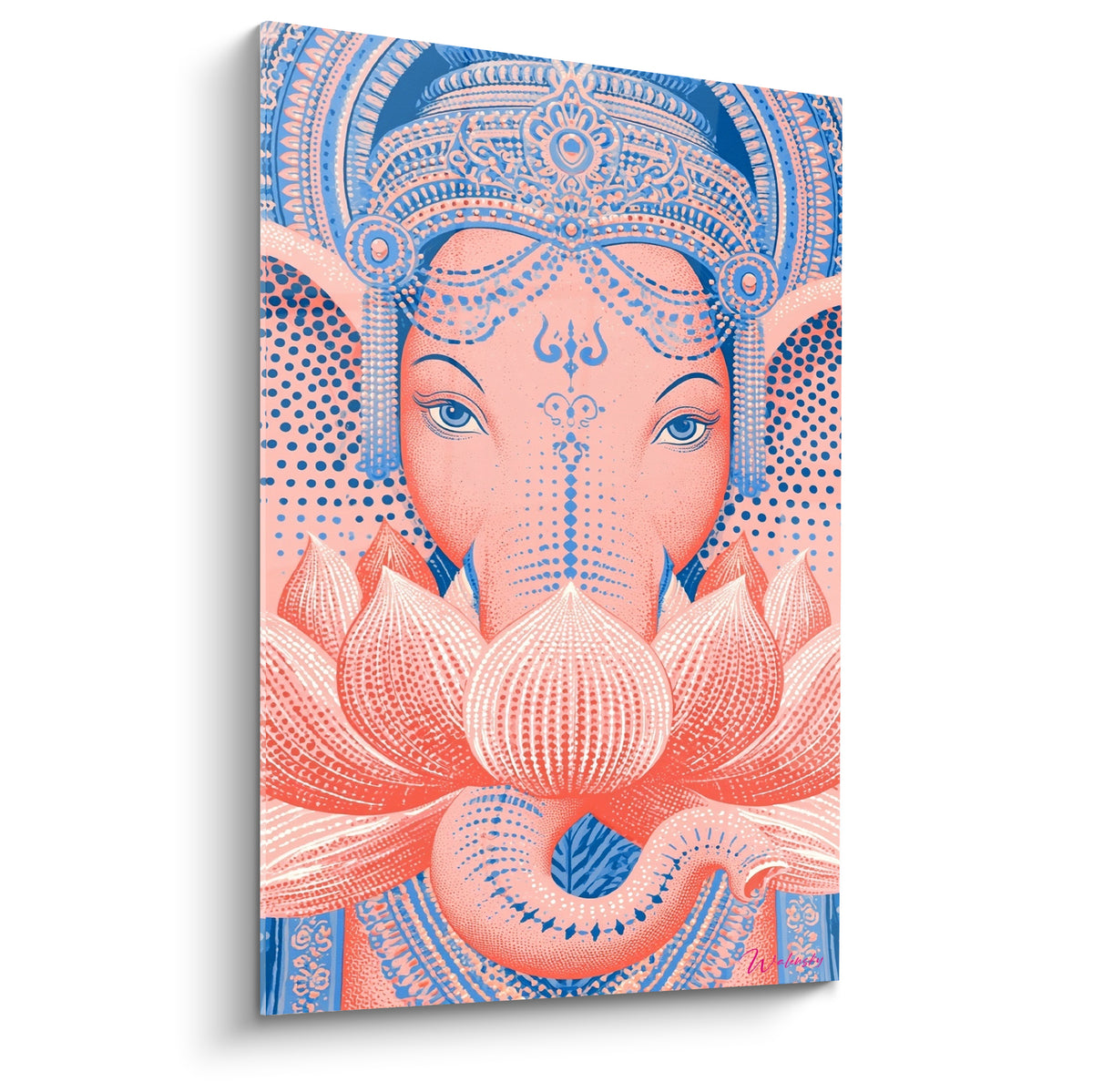 Ganesh corail à couronne bleue ornée, entouré d'un lotus détaillé, style gravure fine