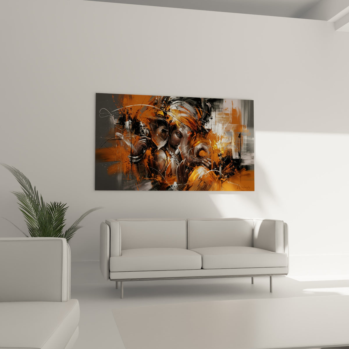 Silhouette de Ganesh en orange et anthracite, geste contemplatif, au-dessus d'un canapé dans un salon lumineux