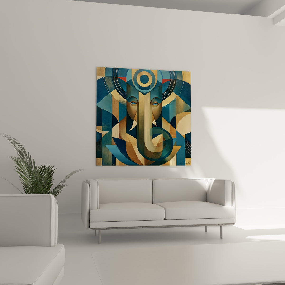 Ganesh cubiste en bleu marine et doré, formes angulaires, au-dessus d'un canapé dans un salon lumineux